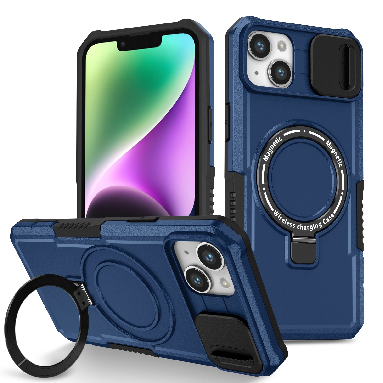 For iPhone 14 Sliding Camshield MagSafe Holder TPU Hybrid PC Phone Case(Royal Blue) For iPhone 14 Sliding Camshield MagSafe Holder TPU Hybrid PC Phone Case(Royal Blue)