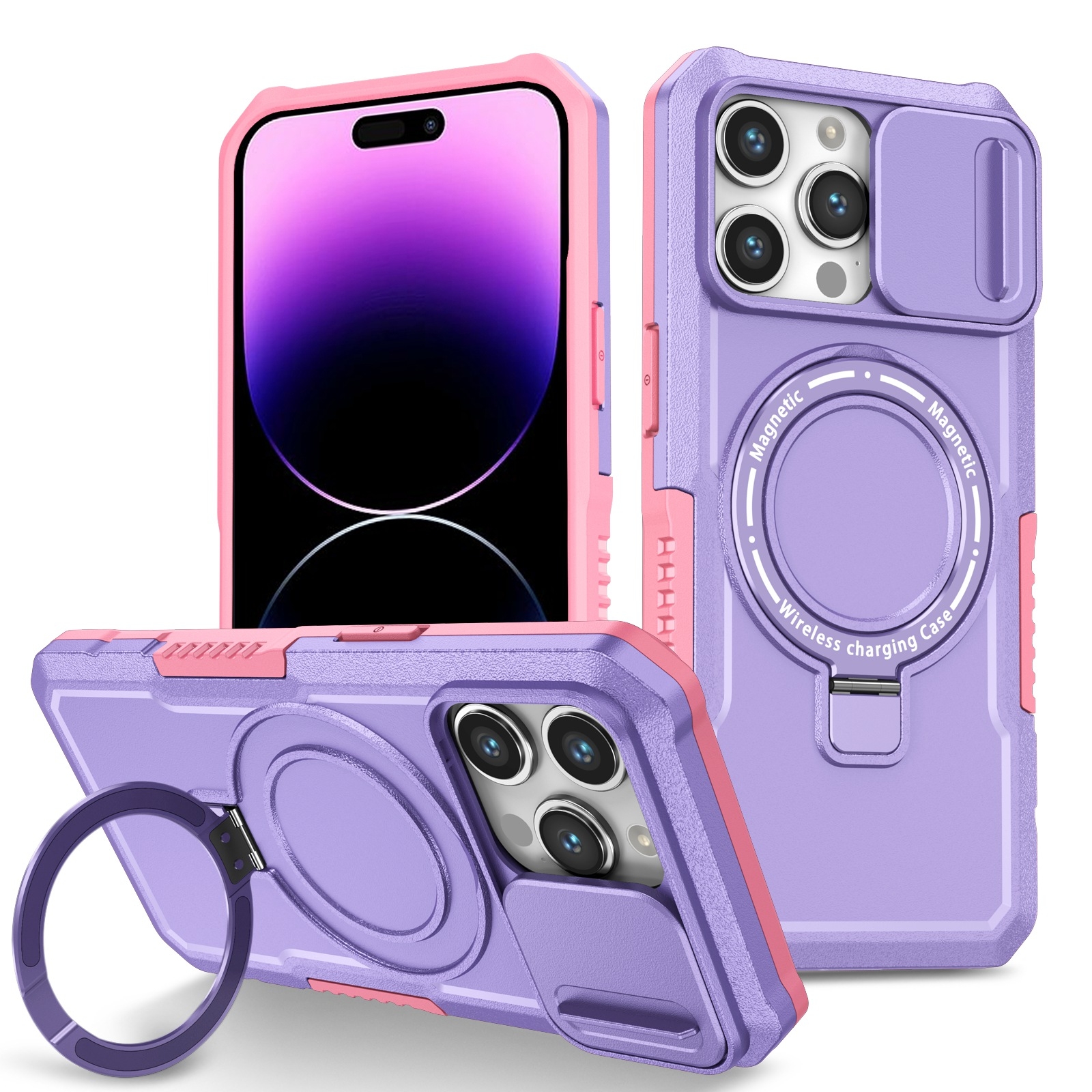For iPhone 14 Pro Max Sliding Camshield MagSafe Holder TPU Hybrid PC Phone Case(Pink Purple) For iPhone 14 Pro Max Sliding Camshield MagSafe Holder TPU Hybrid PC Phone Case(Pink Purple)