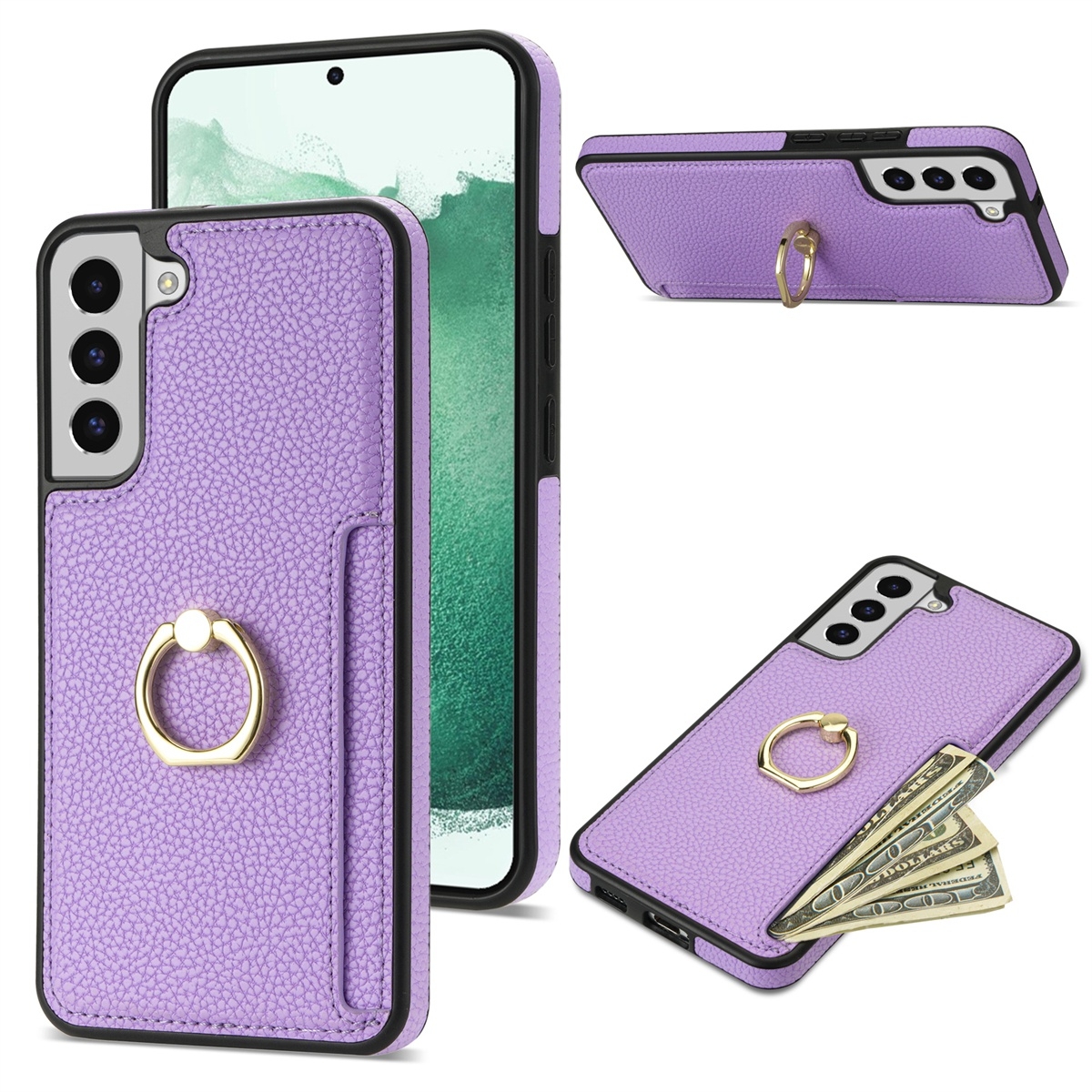 For Samsung Galaxy S22 5G Ring Card Litchi Leather Back Phone Case(Purple) For Samsung Galaxy S22 5G Ring Card Litchi Leather Back Phone Case(Purple)
