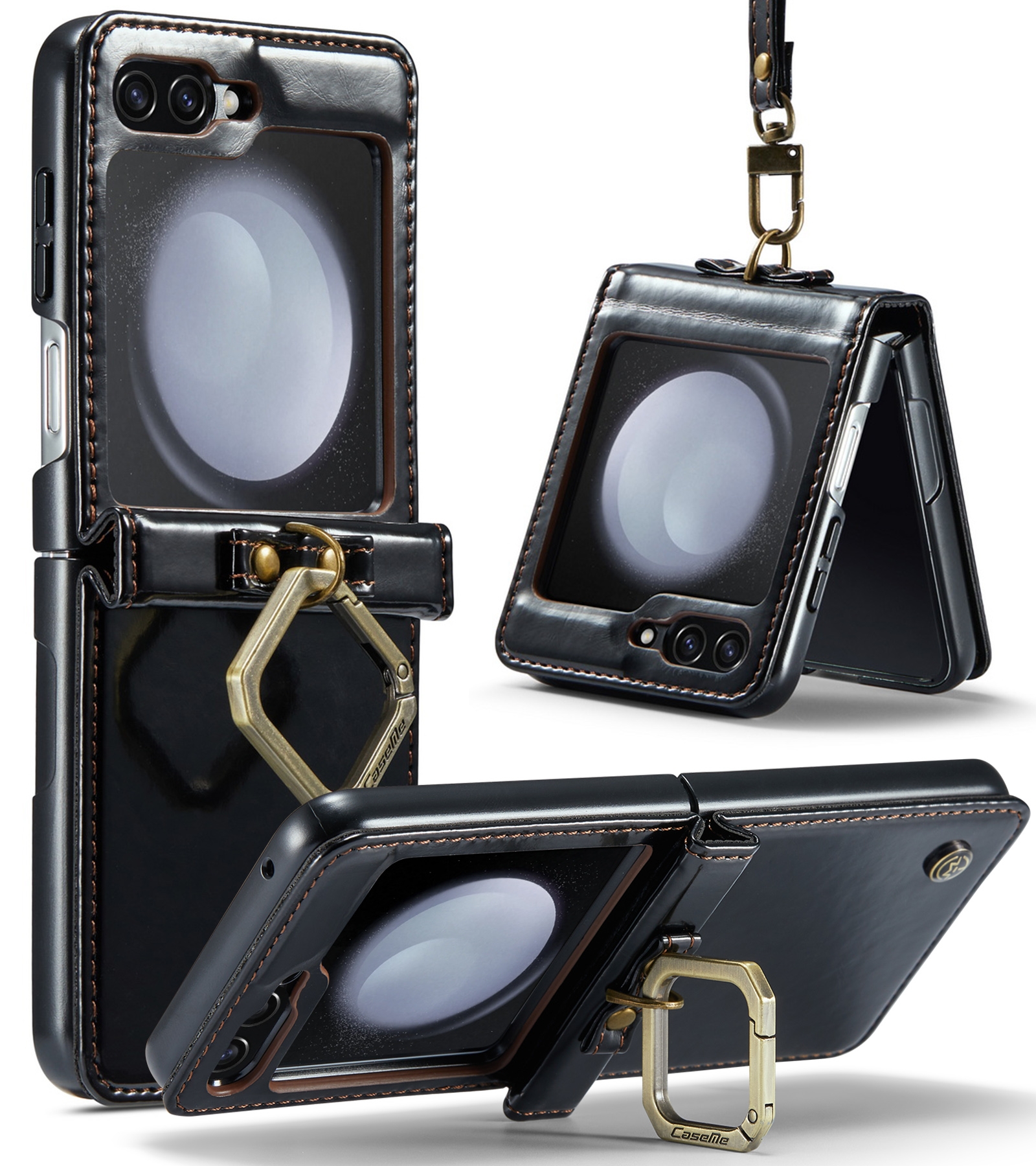 For Samsung Galaxy Z Flip5 CaseMe 003 PU + PC Business Style Crazy Horse Texture Ring Leather Phone Case with Lanyard(Black) For Samsung Galaxy Z Flip5 CaseMe 003 PU + PC Business Style Crazy Horse Texture Ring Leather Phone Case with Lanyard(Black)