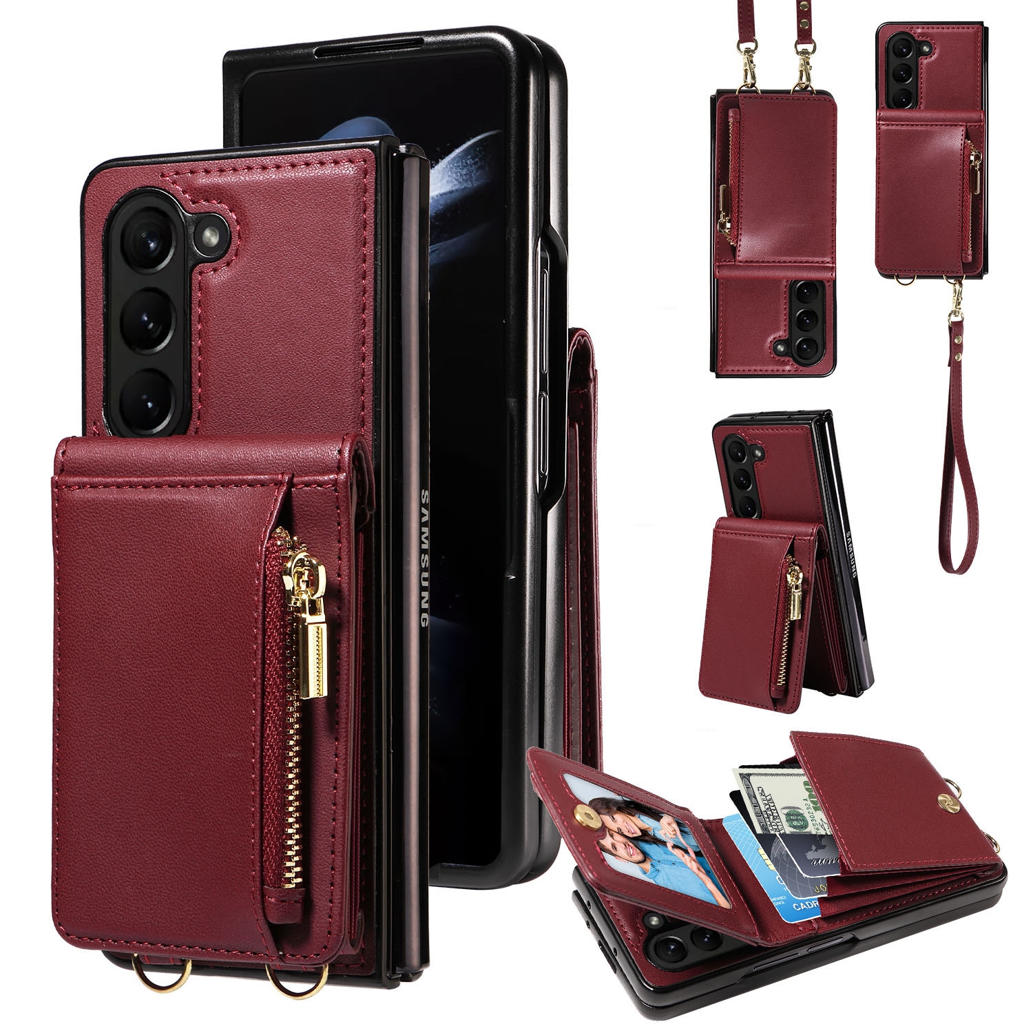 For Samsung Galaxy Z Fold5 5G Crossbody Lanyard Zipper Wallet Leather Phone Case(Wine Red) For Samsung Galaxy Z Fold5 5G Crossbody Lanyard Zipper Wallet Leather Phone Case(Wine Red)
