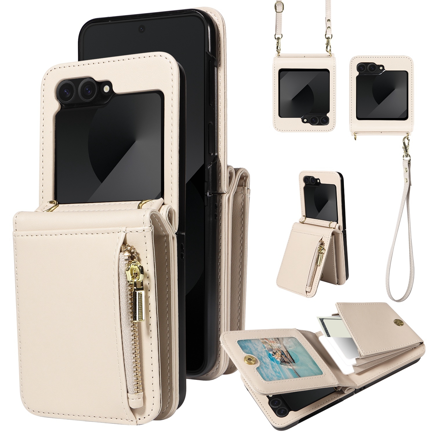 For Samsung Galaxy Z Flip6 5G Crossbody Lanyard Zipper Wallet Leather Phone Case(Beige) For Samsung Galaxy Z Flip6 5G Crossbody Lanyard Zipper Wallet Leather Phone Case(Beige)