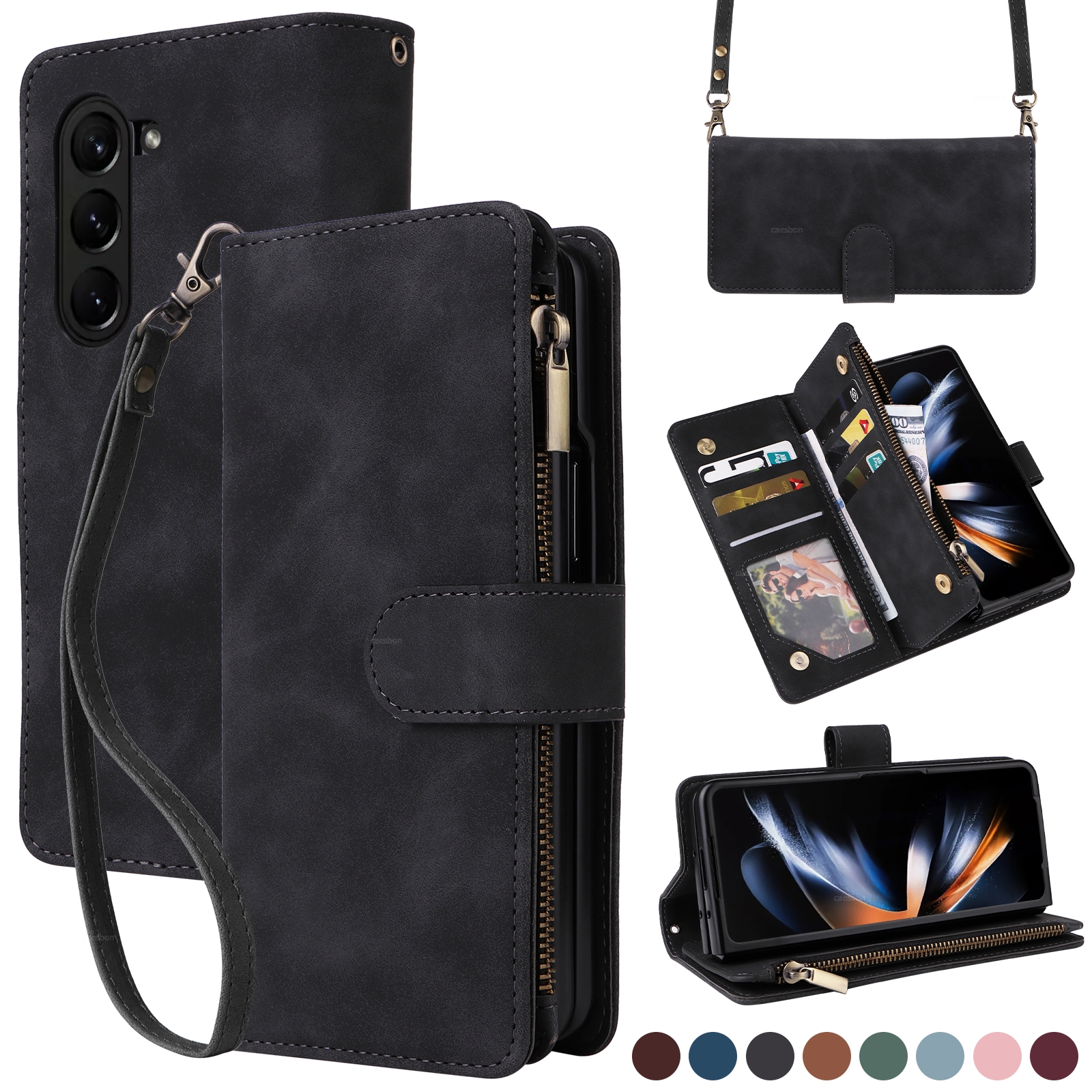 For Samsung Galaxy Z Fold5 5G Crossbody Multi-card Slot Wallet Zipper Leather Phone Case(Black) For Samsung Galaxy Z Fold5 5G Crossbody Multi-card Slot Wallet Zipper Leather Phone Case(Black)