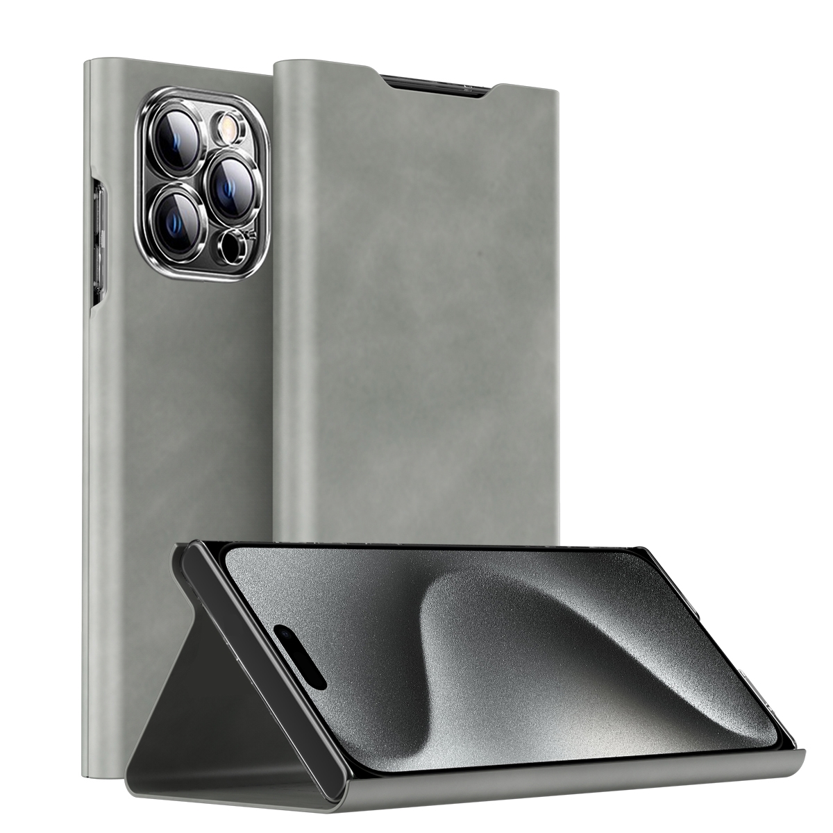 For iPhone 15 Pro Magnetic Napa Texture Leather Phone Case with Holder(Grey) For iPhone 15 Pro Magnetic Napa Texture Leather Phone Case with Holder(Grey)