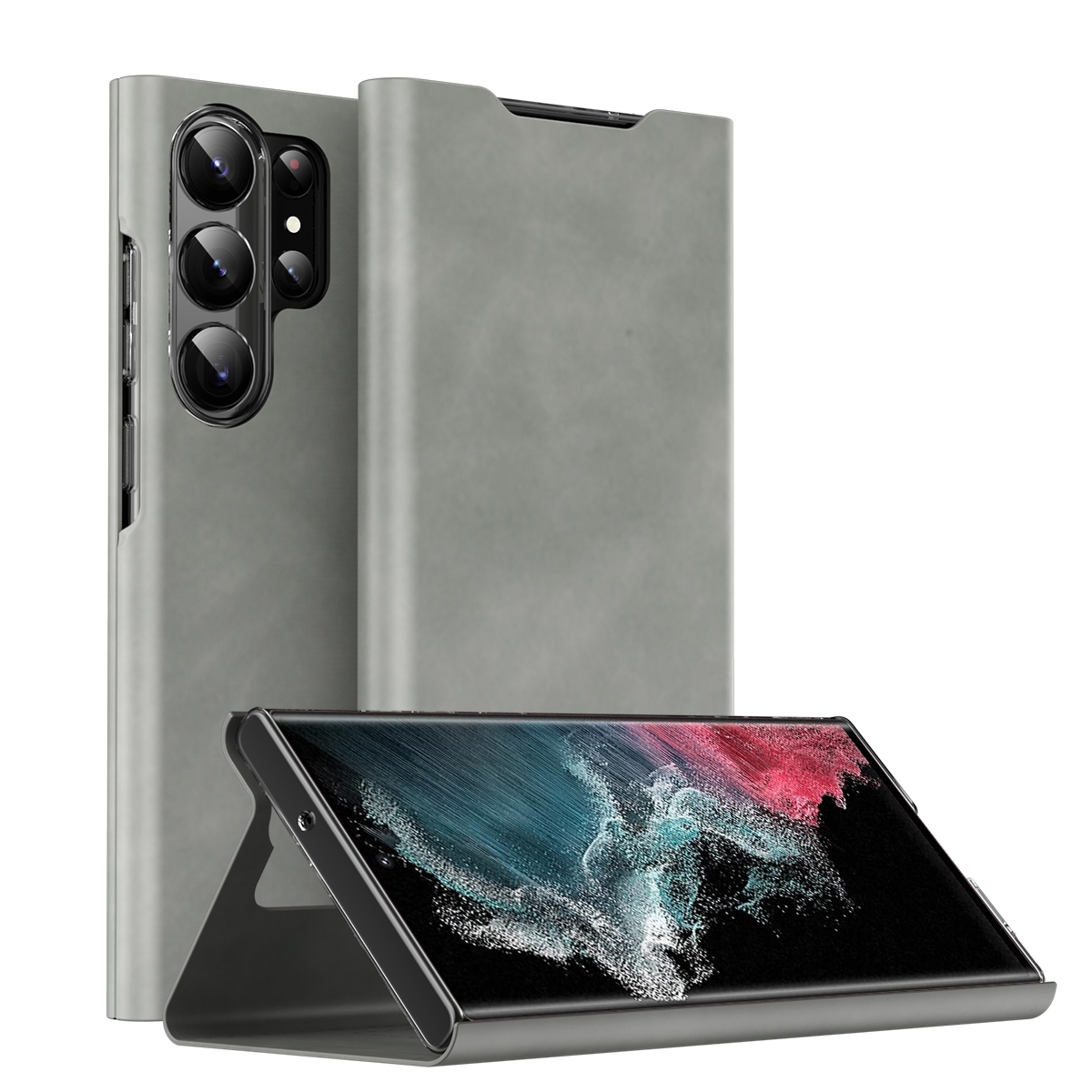 For Samsung Galaxy S22 Ultra 5G Magnetic Napa Texture Leather Phone Case with Holder(Grey) For Samsung Galaxy S22 Ultra 5G Magnetic Napa Texture Leather Phone Case with Holder(Grey)