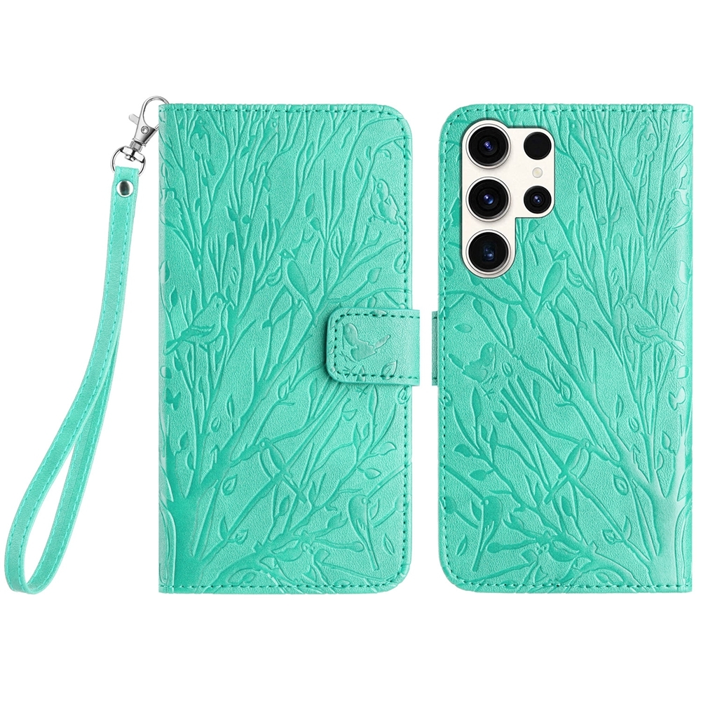 For Samsung Galaxy S23 Ultra Tree Birds Embossed Pattern Leather Phone Case(Green)
