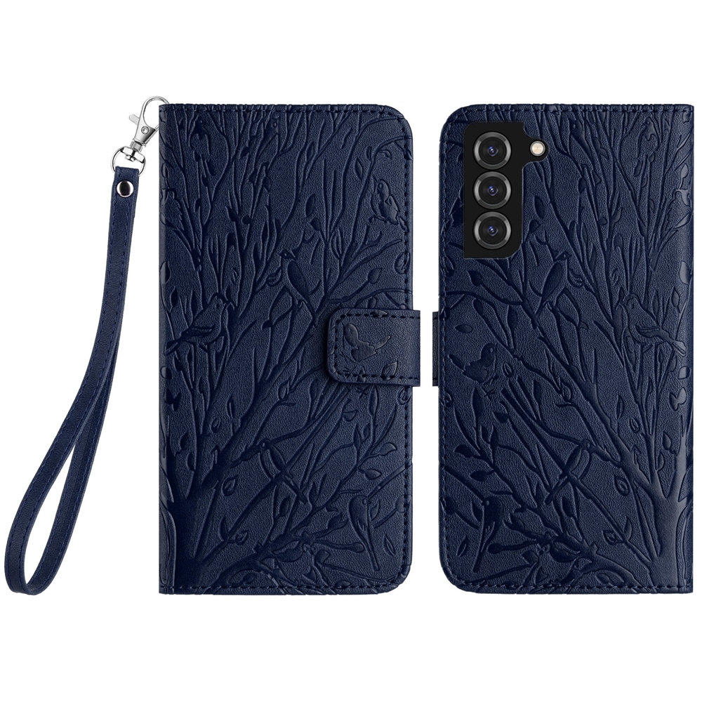 For Samsung Galaxy S22 5G Tree Birds Embossed Pattern Leather Phone Case(Blue) For Samsung Galaxy S22 5G Tree Birds Embossed Pattern Leather Phone Case(Blue)
