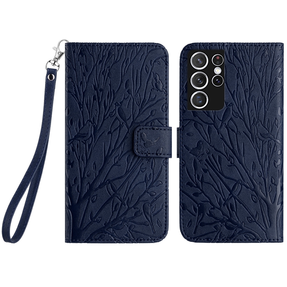 For Samsung Galaxy S21 Ultra 5G Tree Birds Embossed Pattern Leather Phone Case(Blue) For Samsung Galaxy S21 Ultra 5G Tree Birds Embossed Pattern Leather Phone Case(Blue)