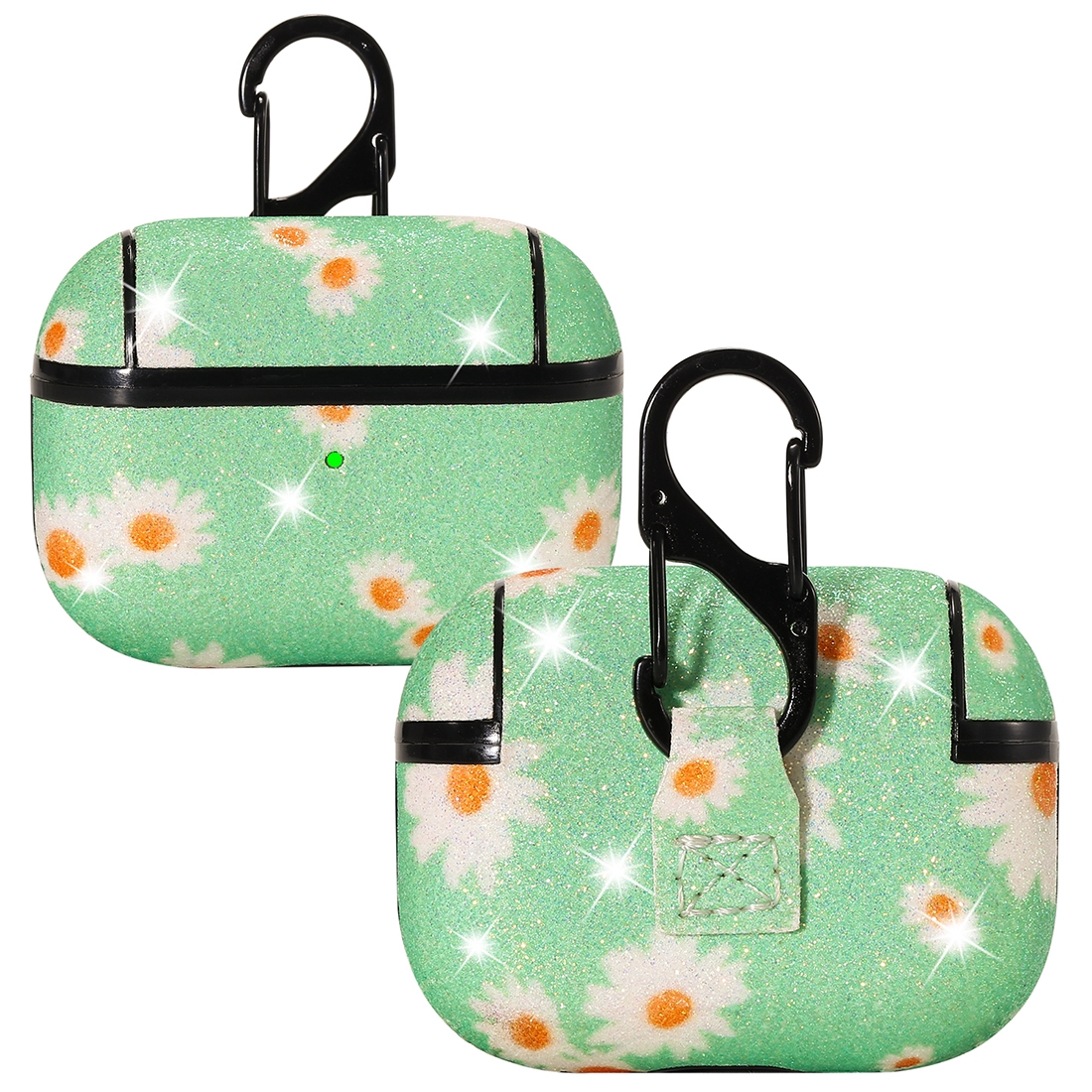 For AirPods Pro PC + PU Glitter Daisy Pattern Earphone Protective Case with Hook(Green) For AirPods Pro PC + PU Glitter Daisy Pattern Earphone Protective Case with Hook(Green)