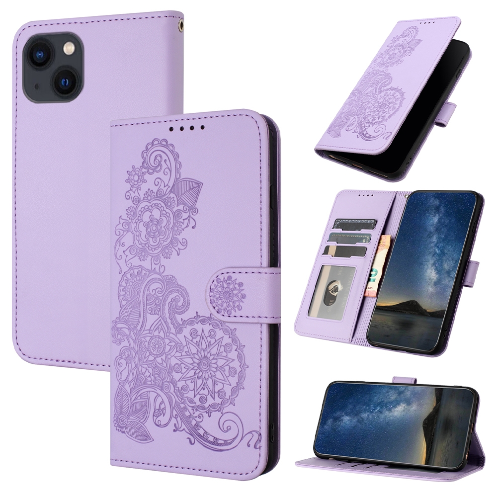 For iPhone 14 Plus Datura Flower Embossed Flip Leather Phone Case(Purple) For iPhone 14 Plus Datura Flower Embossed Flip Leather Phone Case(Purple)