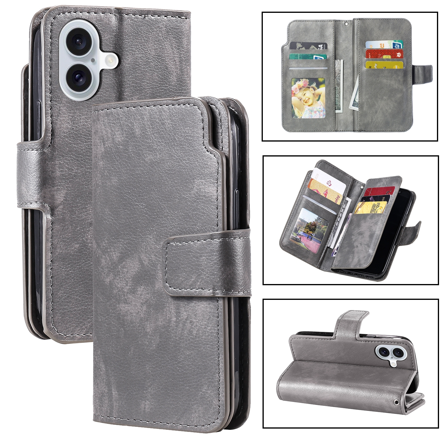 For iPhone 16 Plus Tri-Fold 9-Card Wallets Leather Phone Case(Grey) For iPhone 16 Plus Tri-Fold 9-Card Wallets Leather Phone Case(Grey)