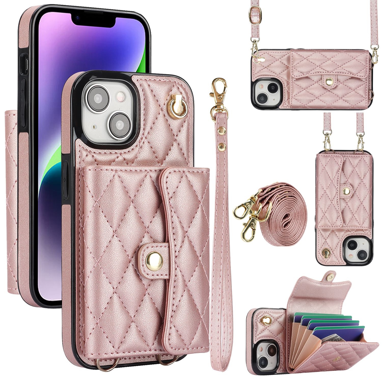 For iPhone 13 mini Crossbody Rhombic Horizontal Wallet Leather Phone Case(Rose Gold) For iPhone 13 mini Crossbody Rhombic Horizontal Wallet Leather Phone Case(Rose Gold)