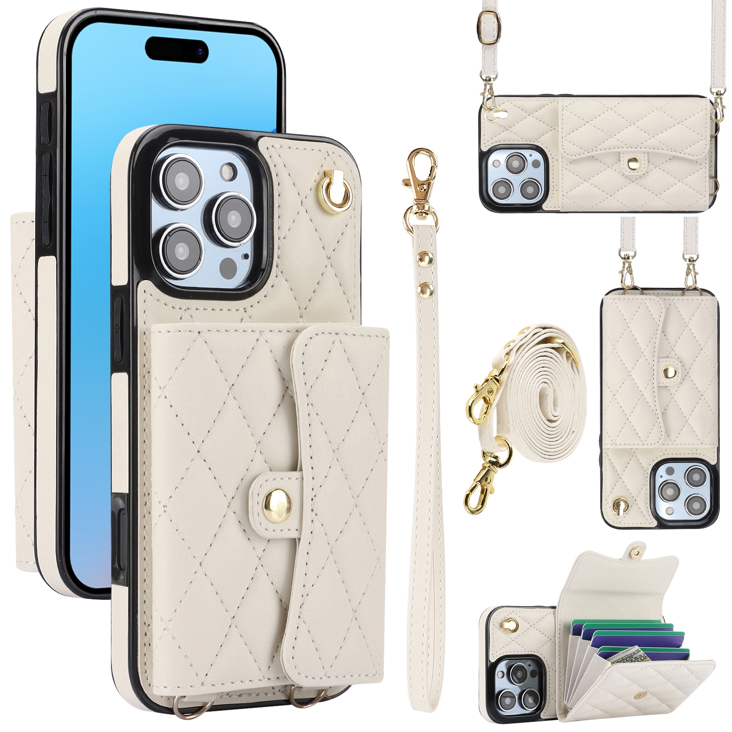 For iPhone 16 Pro Max Crossbody Rhombic Horizontal Wallet Leather Phone Case(White) For iPhone 16 Pro Max Crossbody Rhombic Horizontal Wallet Leather Phone Case(White)