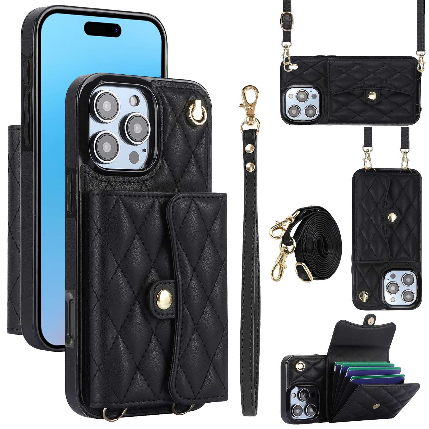 For iPhone 16 Pro Crossbody Rhombic Horizontal Wallet Leather Phone Case(Black) For iPhone 16 Pro Crossbody Rhombic Horizontal Wallet Leather Phone Case(Black)
