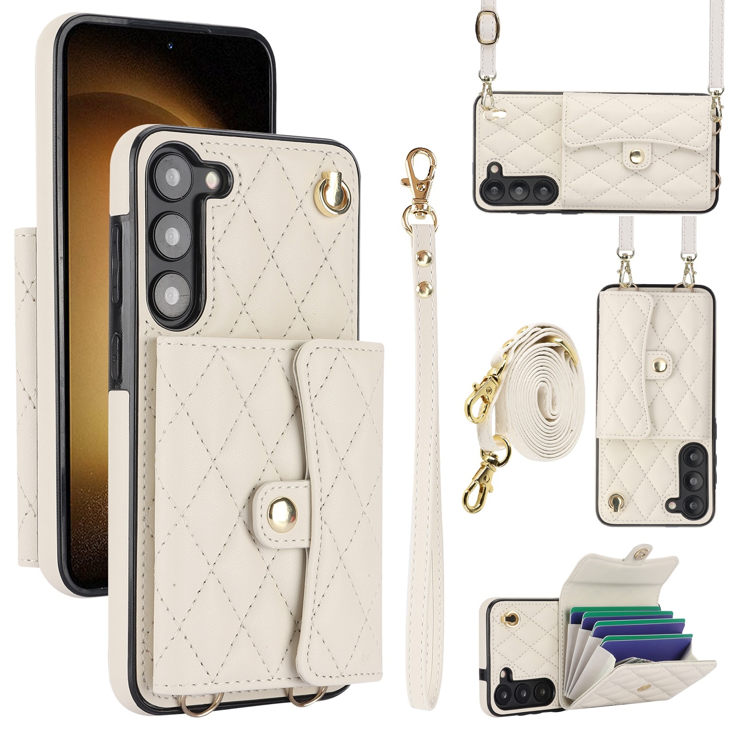 For Samsung Galaxy S23 5G Crossbody Rhombic Horizontal Wallet Leather Phone Case(White) For Samsung Galaxy S23 5G Crossbody Rhombic Horizontal Wallet Leather Phone Case(White)