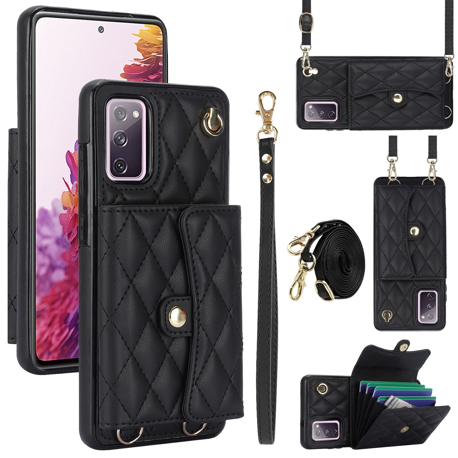 For Samsung Galaxy S20 FE Crossbody Rhombic Horizontal Wallet Leather Phone Case(Black) For Samsung Galaxy S20 FE Crossbody Rhombic Horizontal Wallet Leather Phone Case(Black)