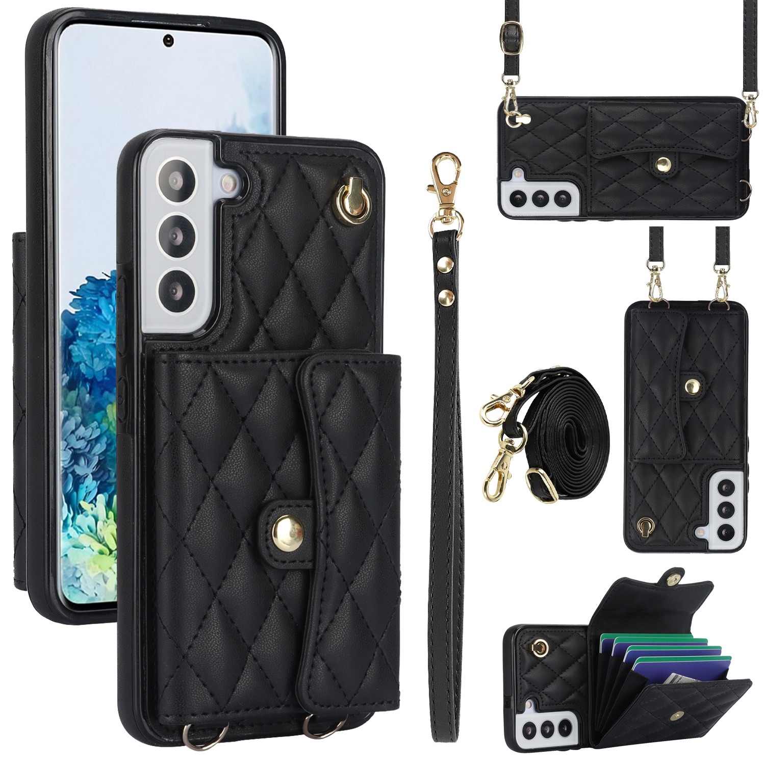 For Samsung Galaxy S22+ 5G Crossbody Rhombic Horizontal Wallet Leather Phone Case(Black) For Samsung Galaxy S22+ 5G Crossbody Rhombic Horizontal Wallet Leather Phone Case(Black)