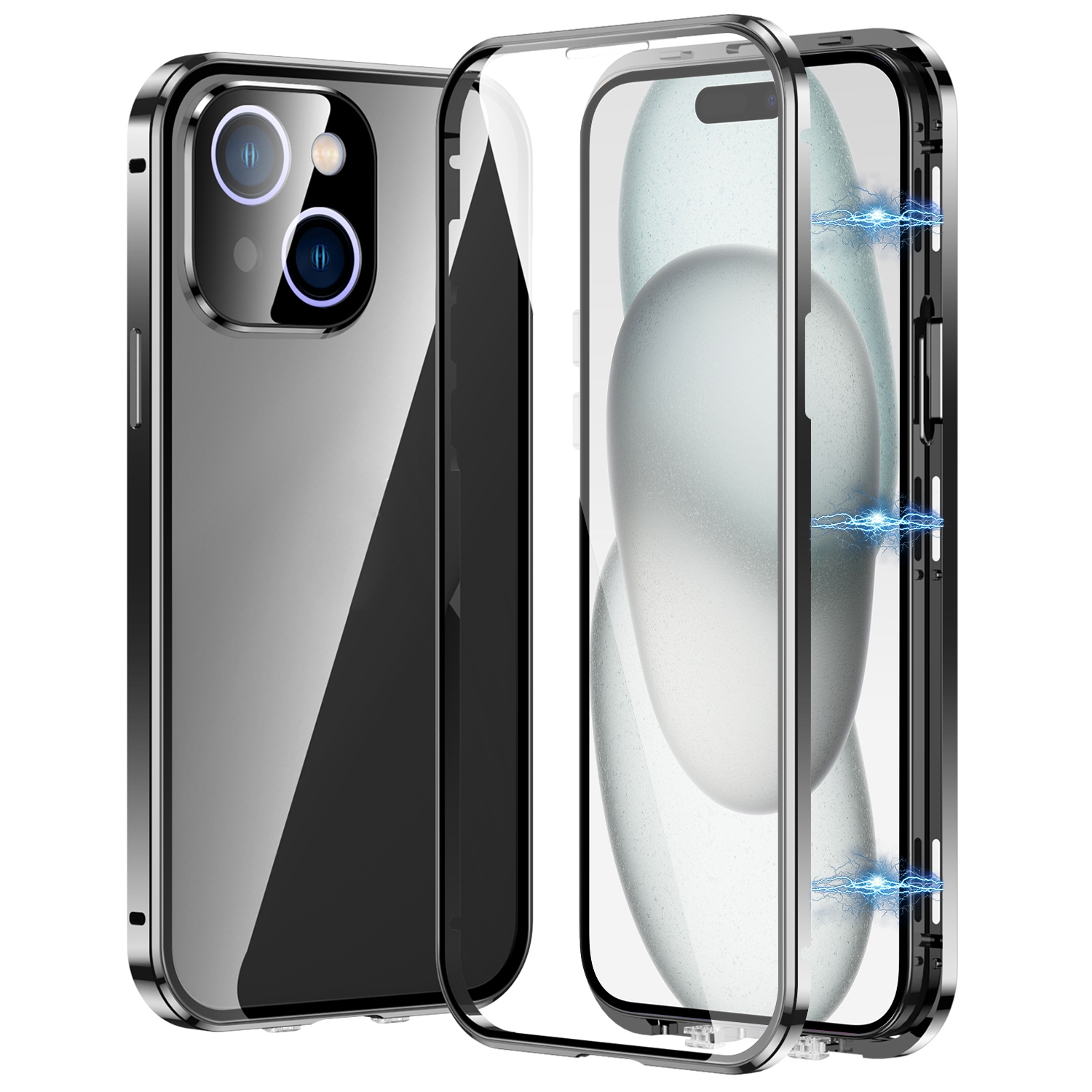 For iPhone 15 Magnetic Double-buckle HD Tempered Glass Phone Case(Black) For iPhone 15 Magnetic Double-buckle HD Tempered Glass Phone Case(Black)
