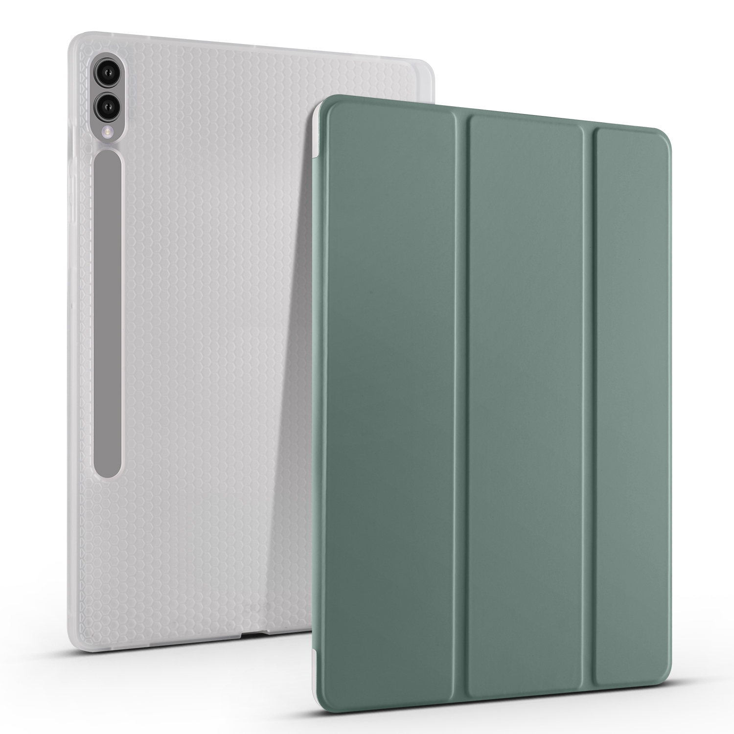 For Samsung Galaxy Tab S10+ / S9+ 3-folding Transparent TPU Smart Leather Tablet Case with Pen Slot(Green)