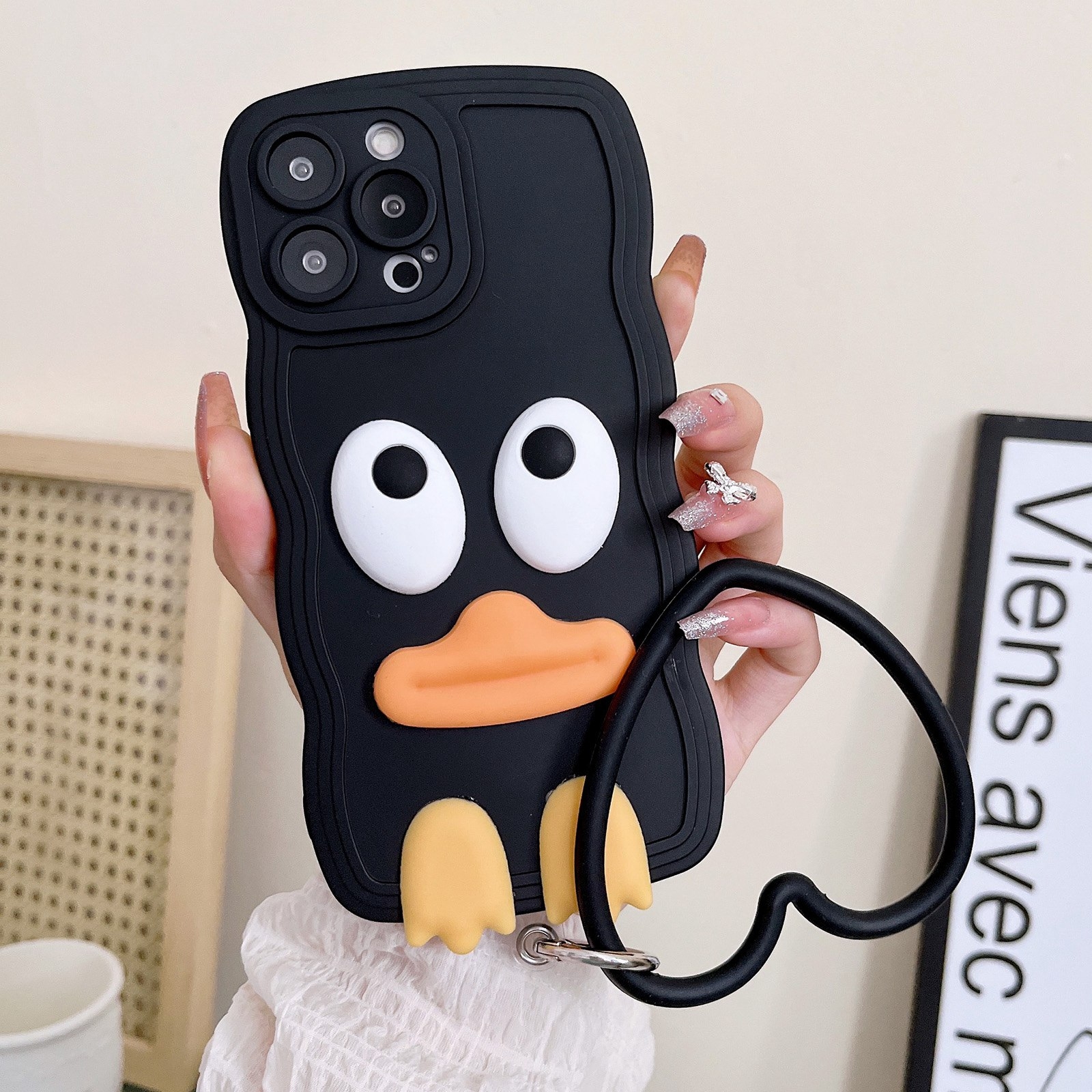 For iPhone 15 Pro Max Wave Edge Big Duck Silicone Phone Case with Wristband(Black) For iPhone 15 Pro Max Wave Edge Big Duck Silicone Phone Case with Wristband(Black)