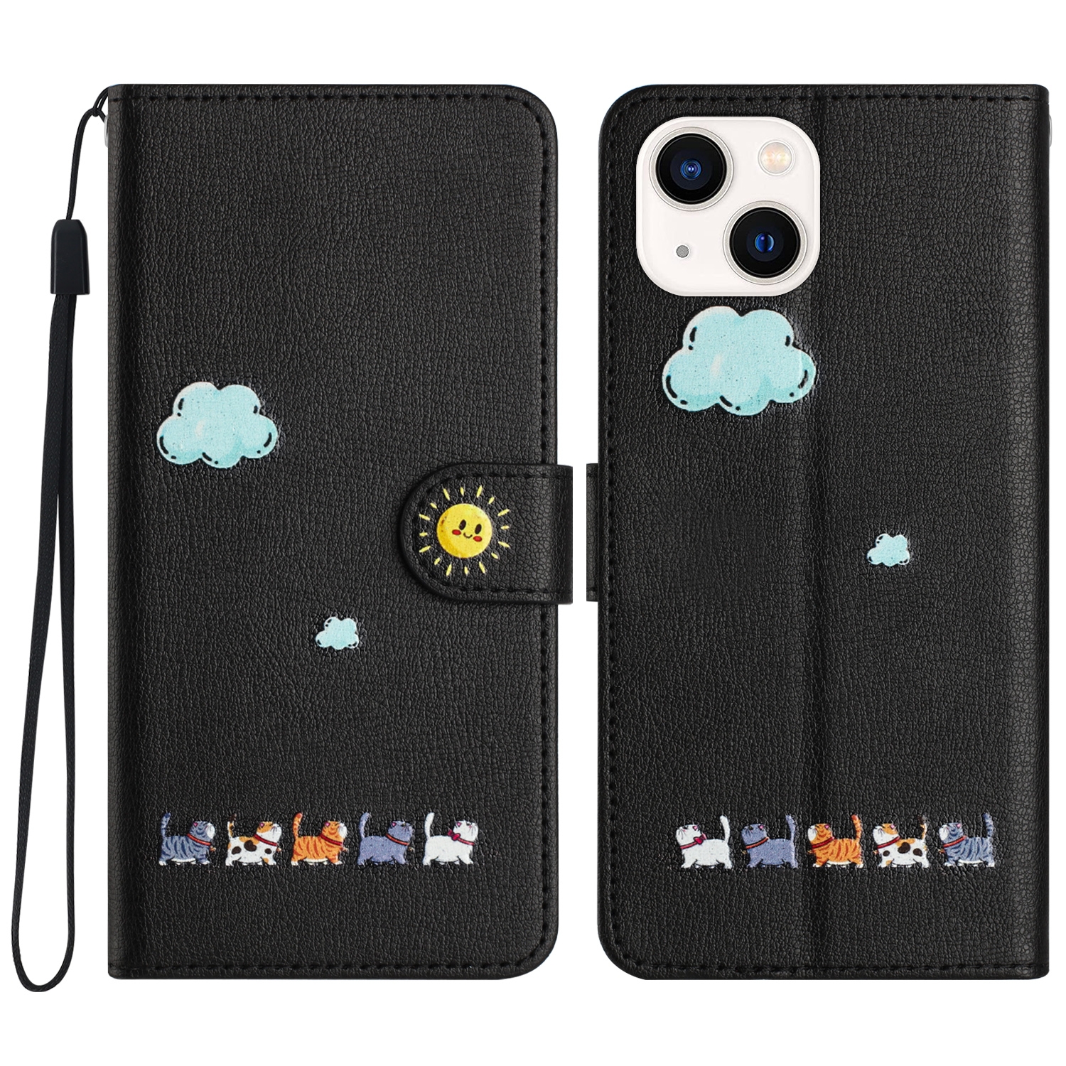 For iPhone 14 / 13 Cartoon Cats Leather Phone Case(Black) For iPhone 14 / 13 Cartoon Cats Leather Phone Case(Black)