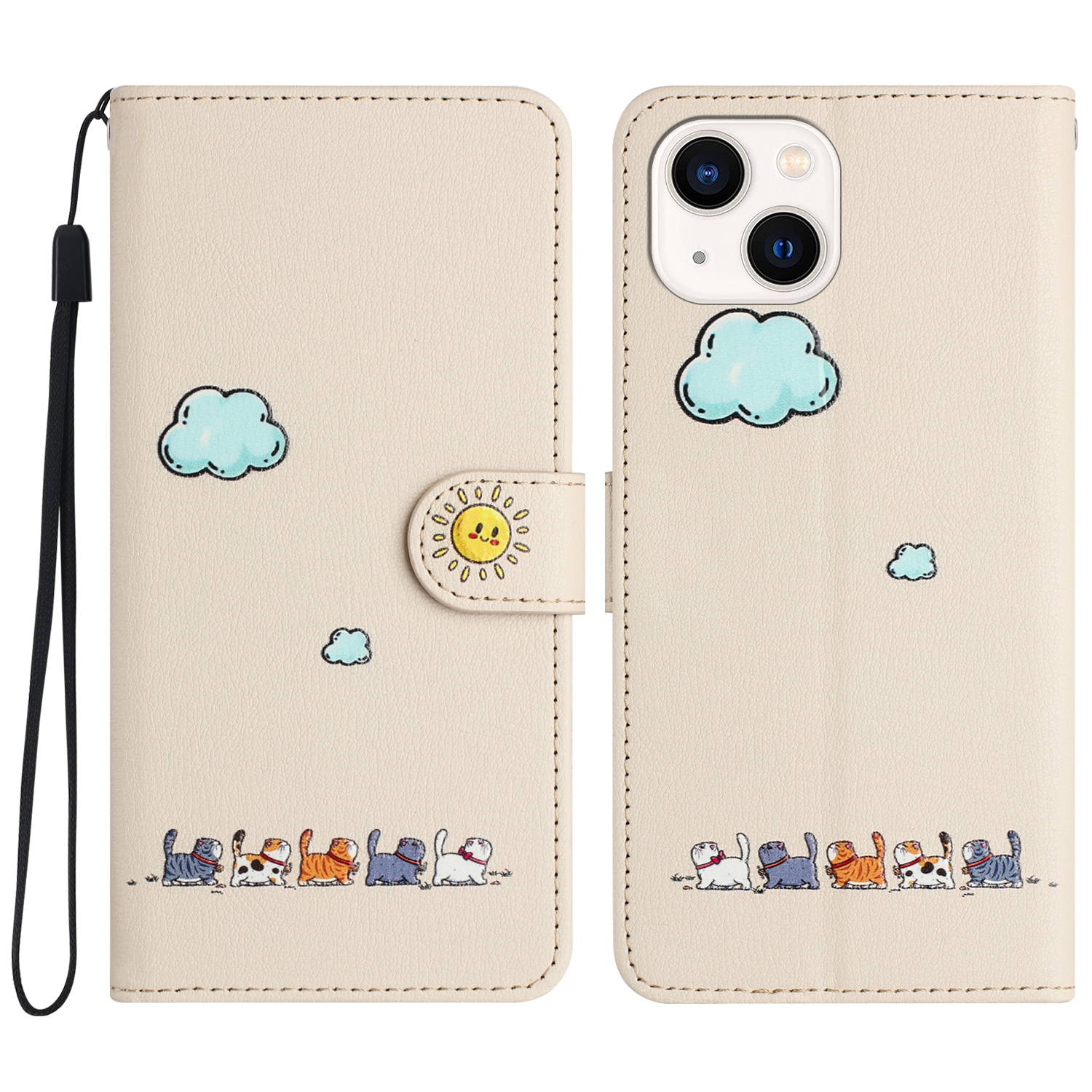 For iPhone 15 Cartoon Cats Leather Phone Case(Beige White) For iPhone 15 Cartoon Cats Leather Phone Case(Beige White)