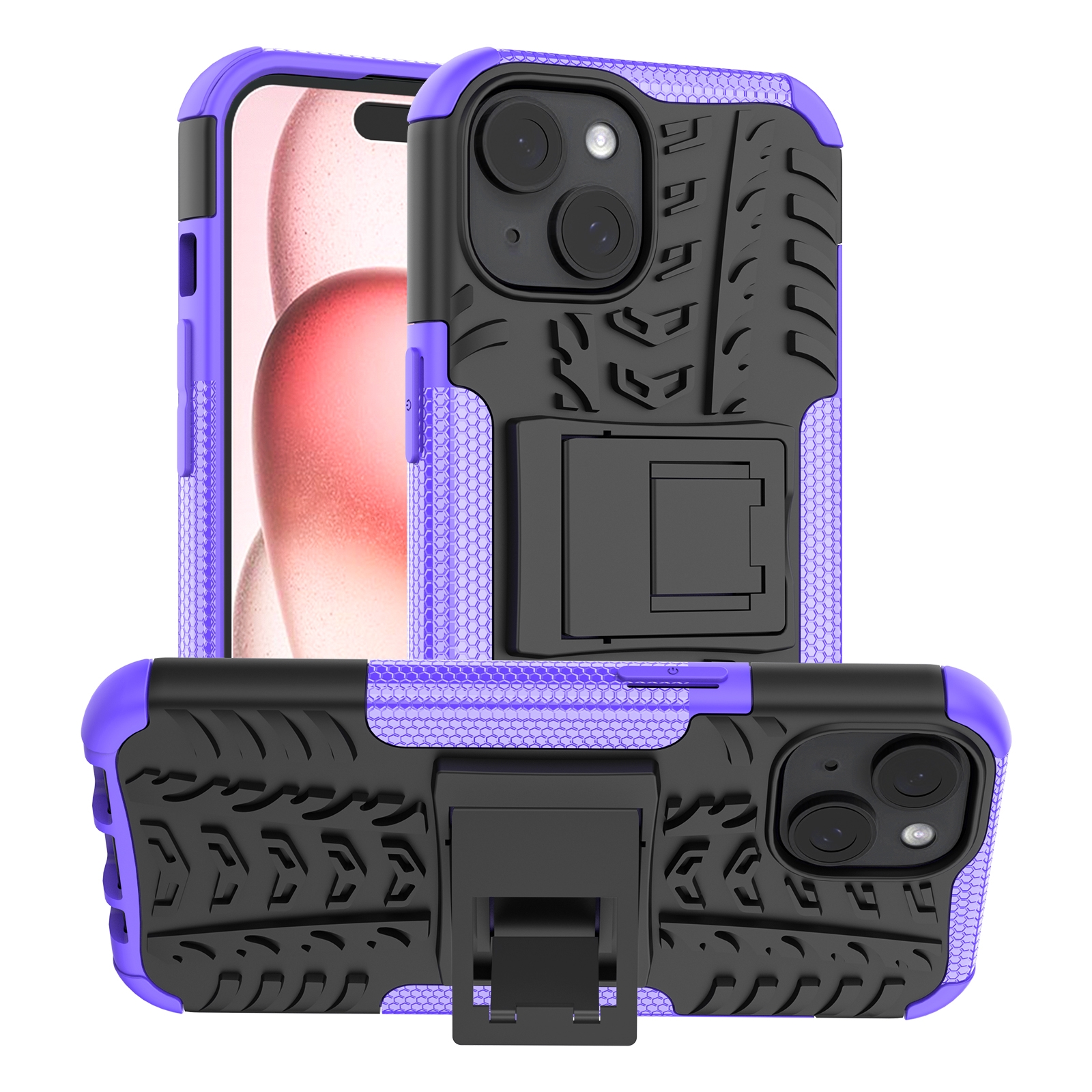 For iPhone 15 Tire Texture TPU + PC Phone Case with Holder(Purple) For iPhone 15 Tire Texture TPU + PC Phone Case with Holder(Purple)