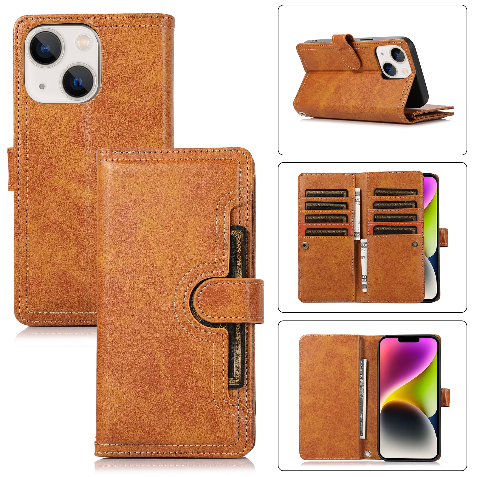 For iPhone 14 Plus Wristband Card Slot Leather Phone Case(Brown) For iPhone 14 Plus Wristband Card Slot Leather Phone Case(Brown)