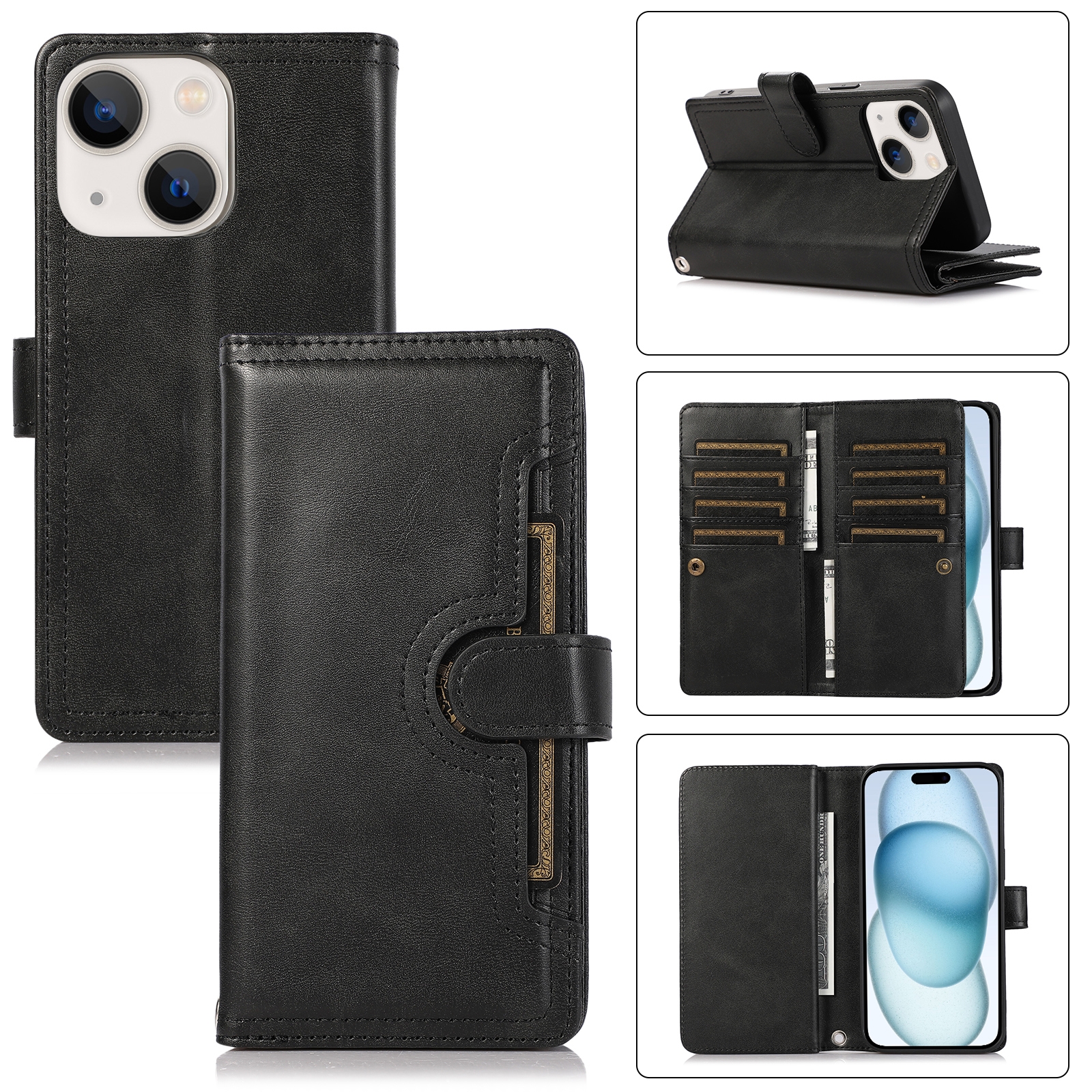 For iPhone 15 Wristband Card Slot Leather Phone Case(Black) For iPhone 15 Wristband Card Slot Leather Phone Case(Black)