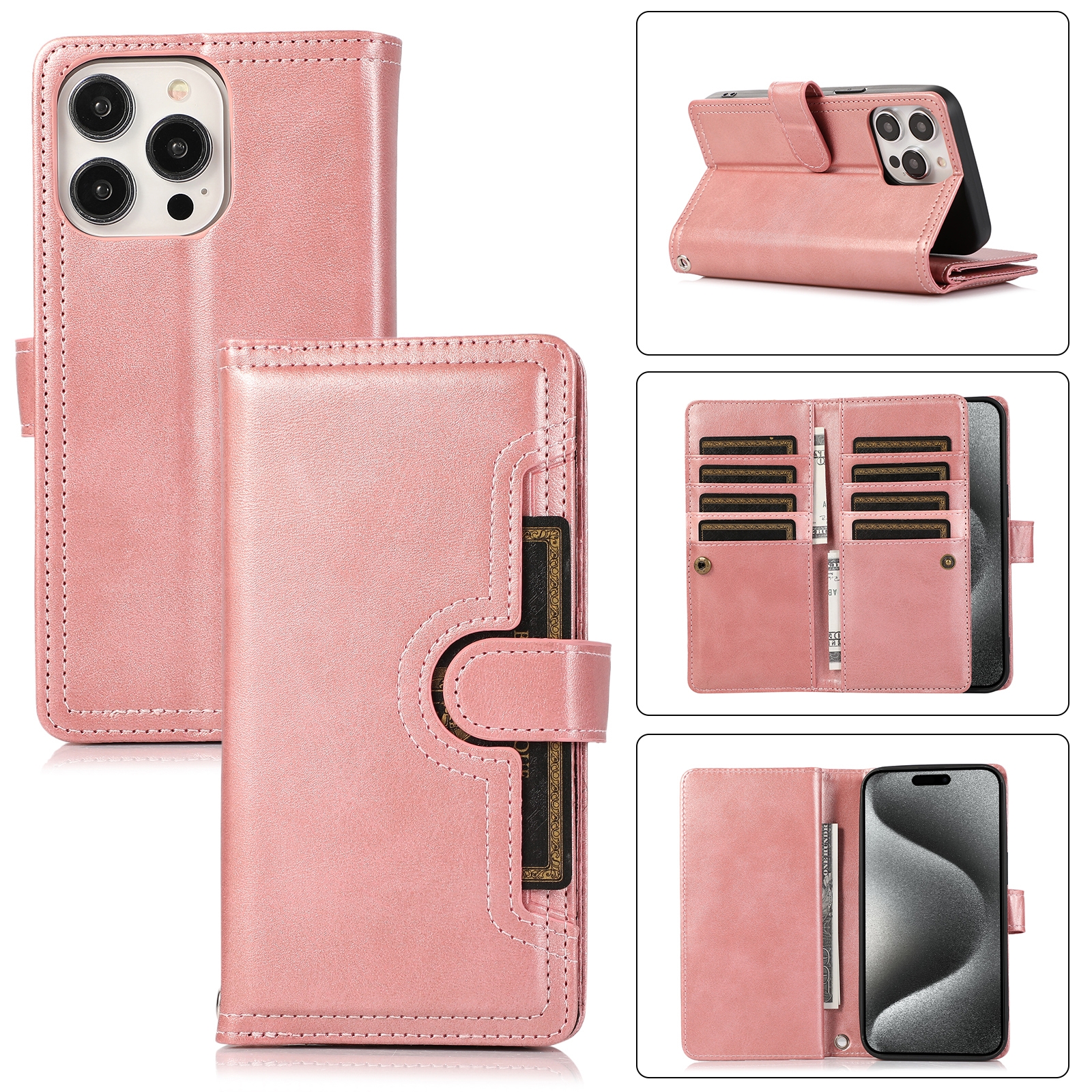 For iPhone 15 Pro Max Wristband Card Slot Leather Phone Case(Rose Gold) For iPhone 15 Pro Max Wristband Card Slot Leather Phone Case(Rose Gold)