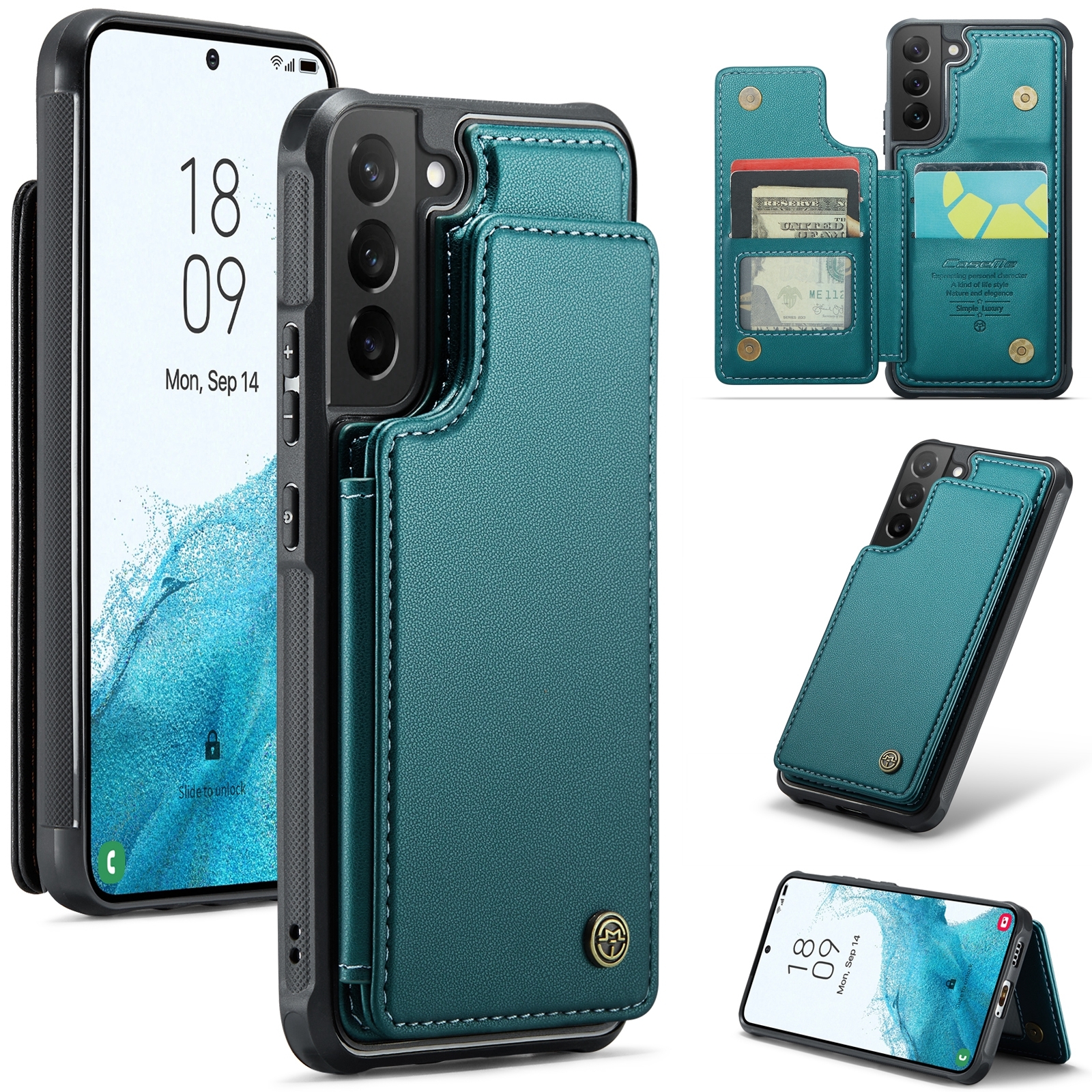 For Samsung Galaxy S22 5G CaseMe C22 Card Slots Holder RFID Anti-theft Phone Case(Blue Green) For Samsung Galaxy S22 5G CaseMe C22 Card Slots Holder RFID Anti-theft Phone Case(Blue Green)