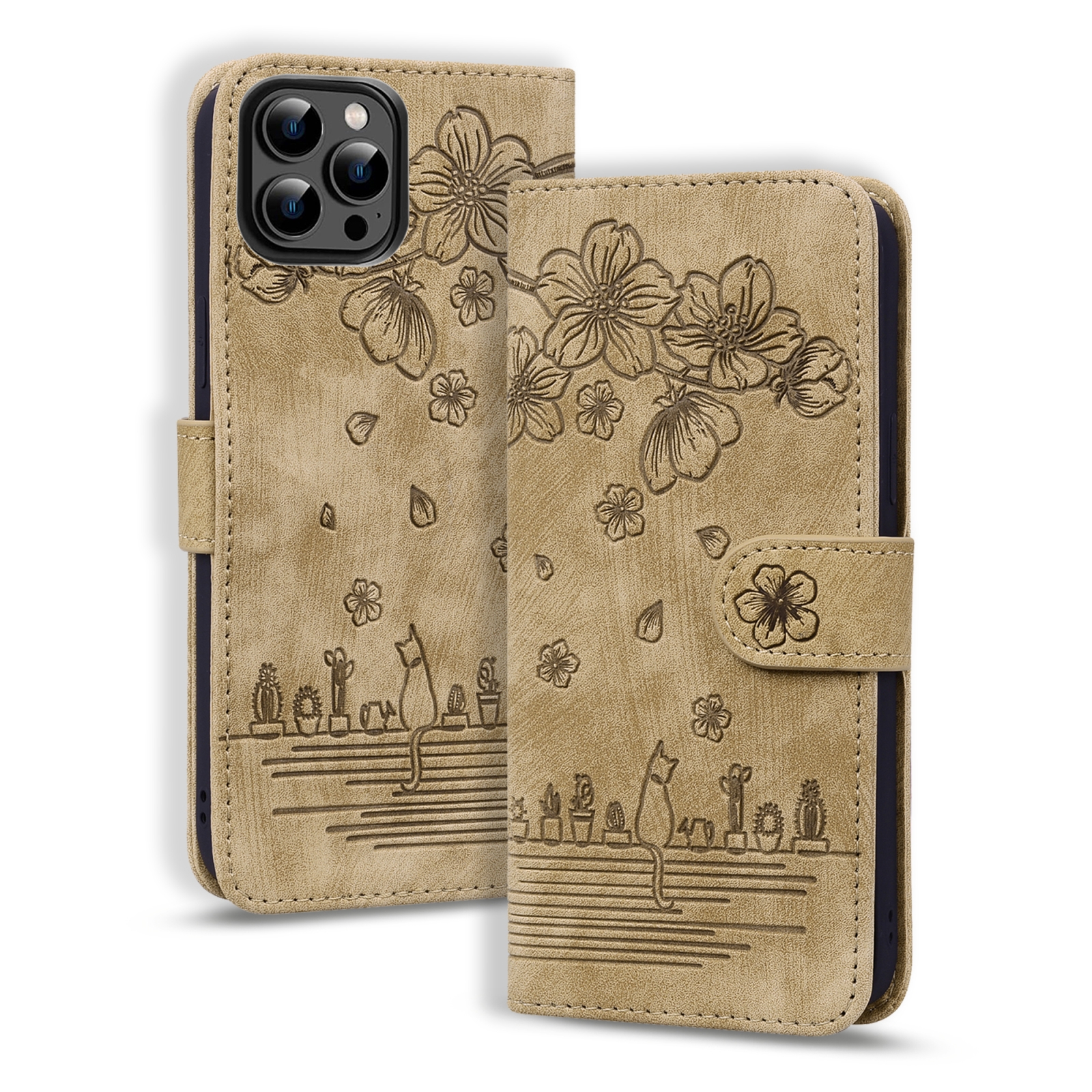 For iPhone 16 Pro Cartoon Sakura Cat Embossed Leather Phone Case(Brown) For iPhone 16 Pro Cartoon Sakura Cat Embossed Leather Phone Case(Brown)