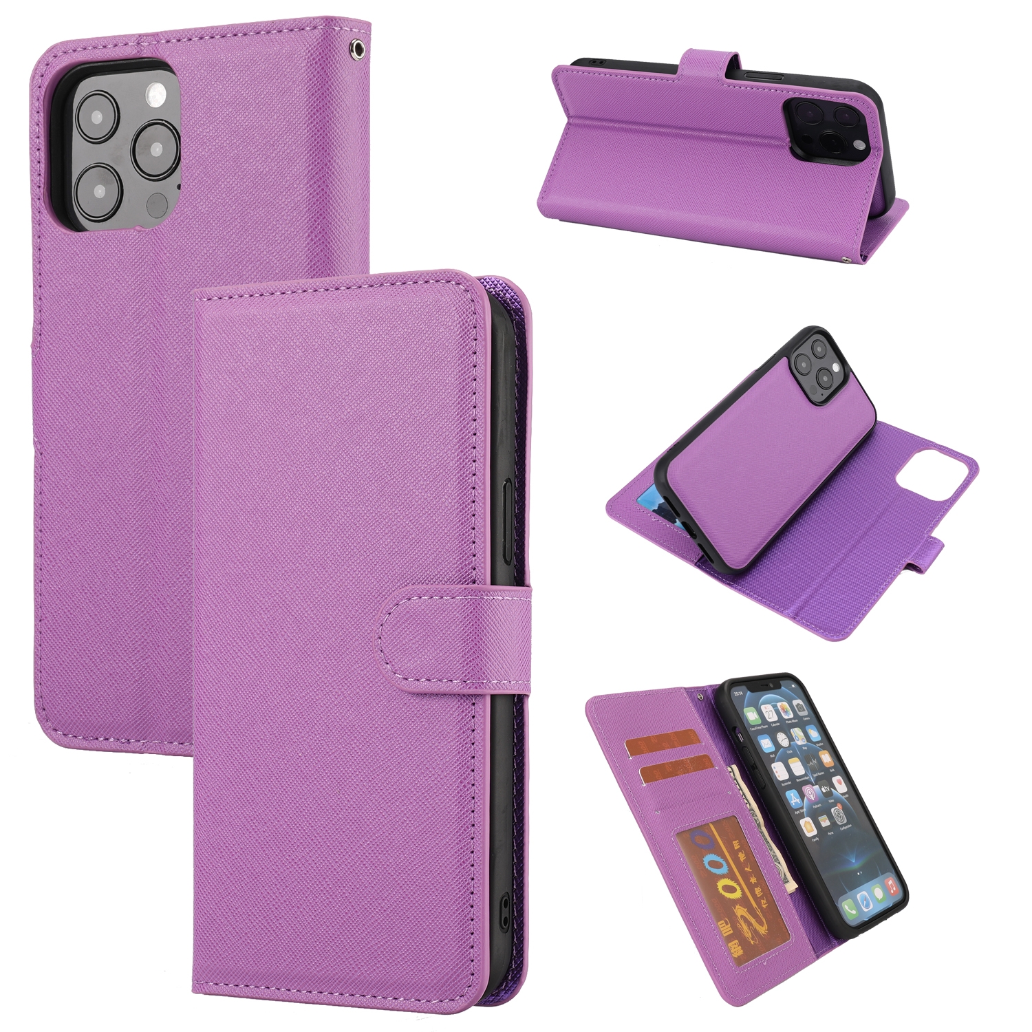 For iPhone 15 Pro Cross Texture Detachable Horizontal Flip PU Leather Case(Purple) For iPhone 15 Pro Cross Texture Detachable Horizontal Flip PU Leather Case(Purple)