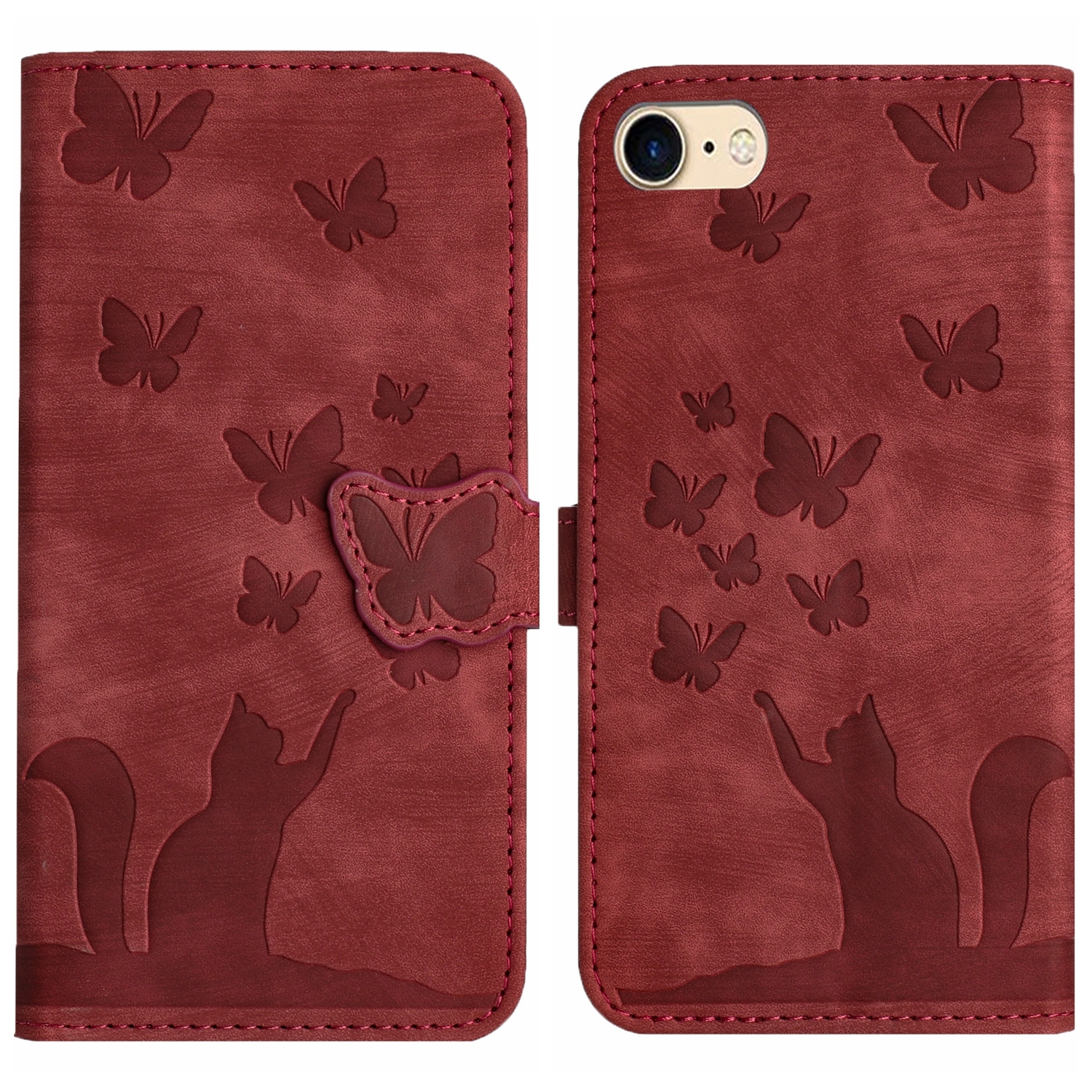 For iPhone SE 2022 / 2020 / 8 / 7 Butterfly Cat Embossing Flip Leather Phone Case(Red) For iPhone SE 2022 / 2020 / 8 / 7 Butterfly Cat Embossing Flip Leather Phone Case(Red)