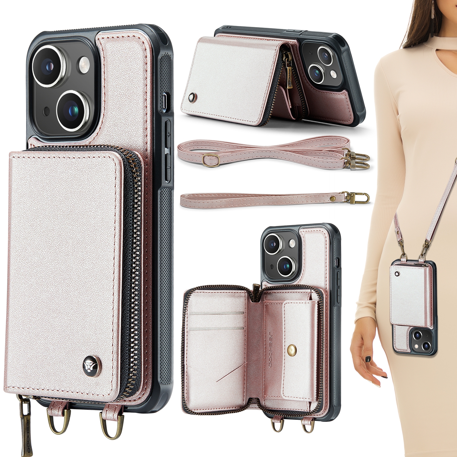 For iPhone 15 Plus JEEHOOD C22 Series Zipper Wallet Leather Phone Case with Dual Lanyard(Rose Gold) For iPhone 15 Plus JEEHOOD C22 Series Zipper Wallet Leather Phone Case with Dual Lanyard(Rose Gold)