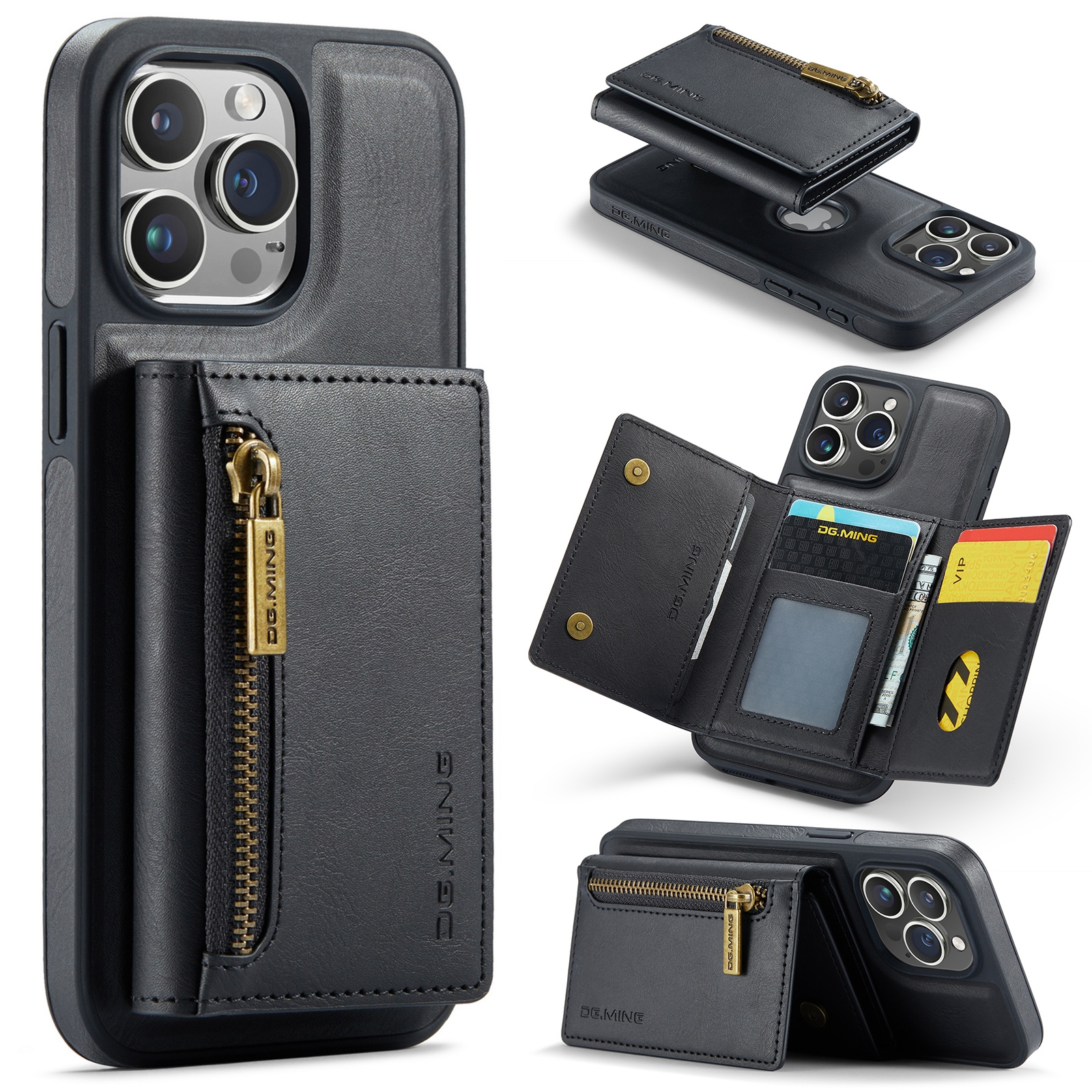 For iPhone 15 Pro DG.MING M5 Series Zip RFID Multi Card Detachable Leather Phone Case(Black) For iPhone 15 Pro DG.MING M5 Series Zip RFID Multi Card Detachable Leather Phone Case(Black)