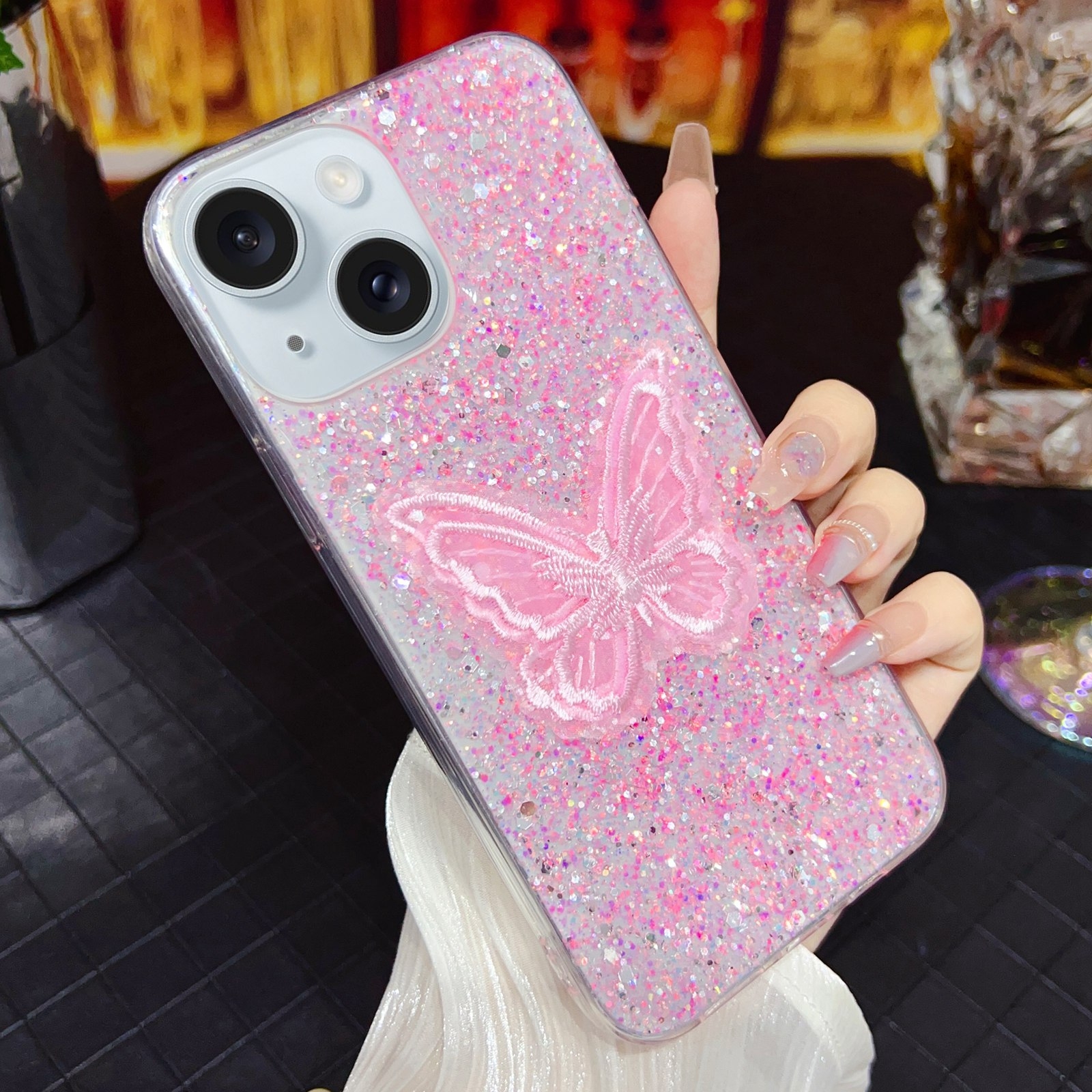 For iPhone 14 Starry Sequin Embroidered Butterfly Epoxy TPU Phone Case(Pink) For iPhone 14 Starry Sequin Embroidered Butterfly Epoxy TPU Phone Case(Pink)