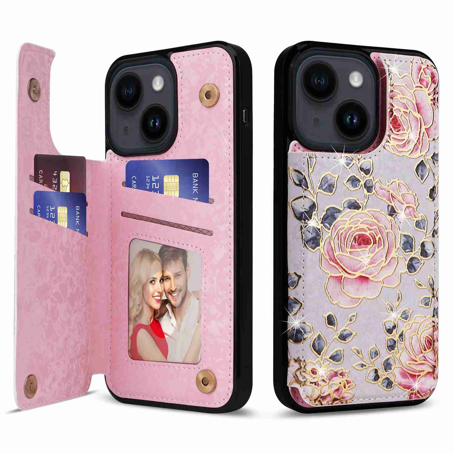 For iPhone 14 Printed Double Buckle RFID Anti-theft Phone Case(Pastoral Rose) For iPhone 14 Printed Double Buckle RFID Anti-theft Phone Case(Pastoral Rose)