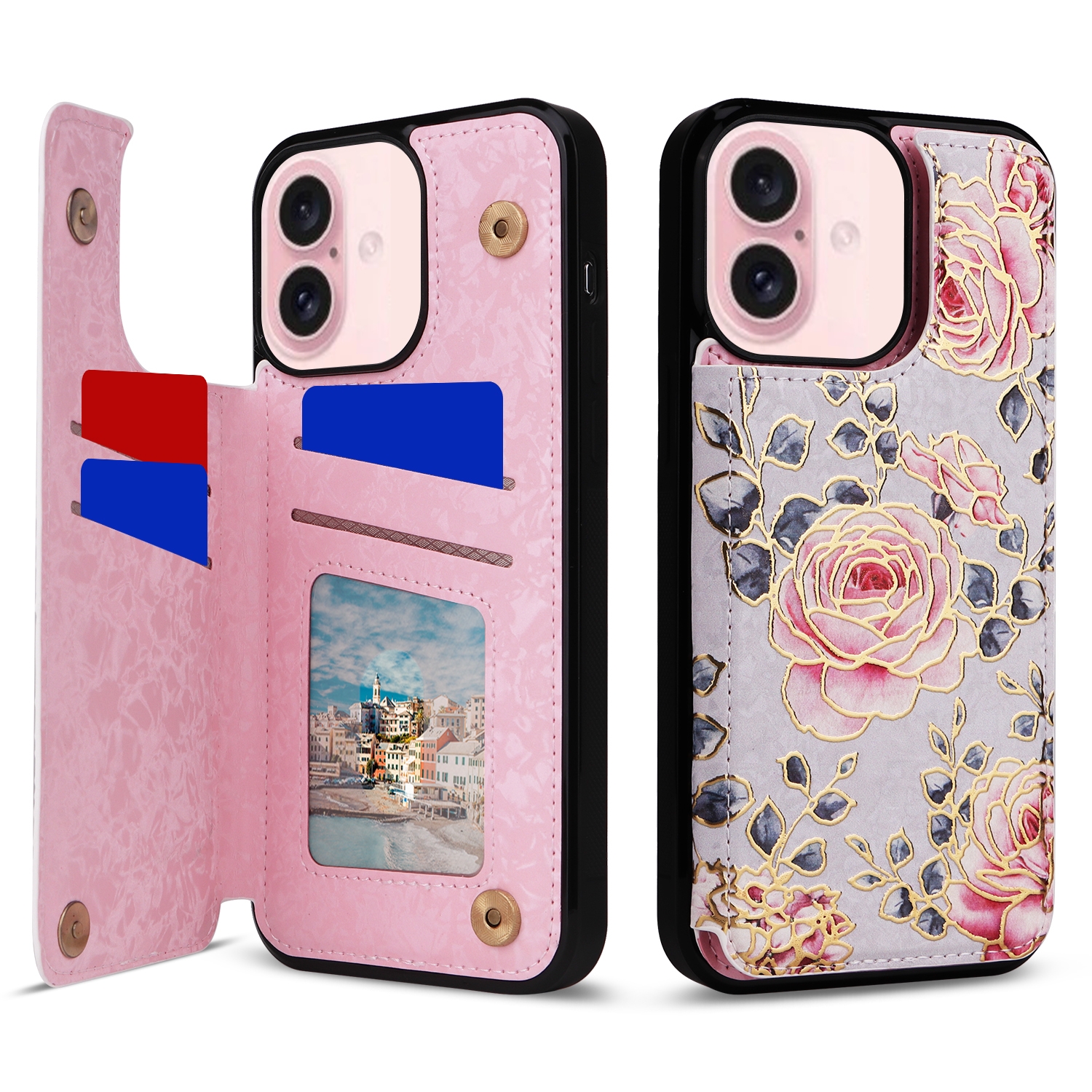 For iPhone 16 Printed Double Buckle RFID Anti-theft Phone Case(Pastoral Rose) For iPhone 16 Printed Double Buckle RFID Anti-theft Phone Case(Pastoral Rose)