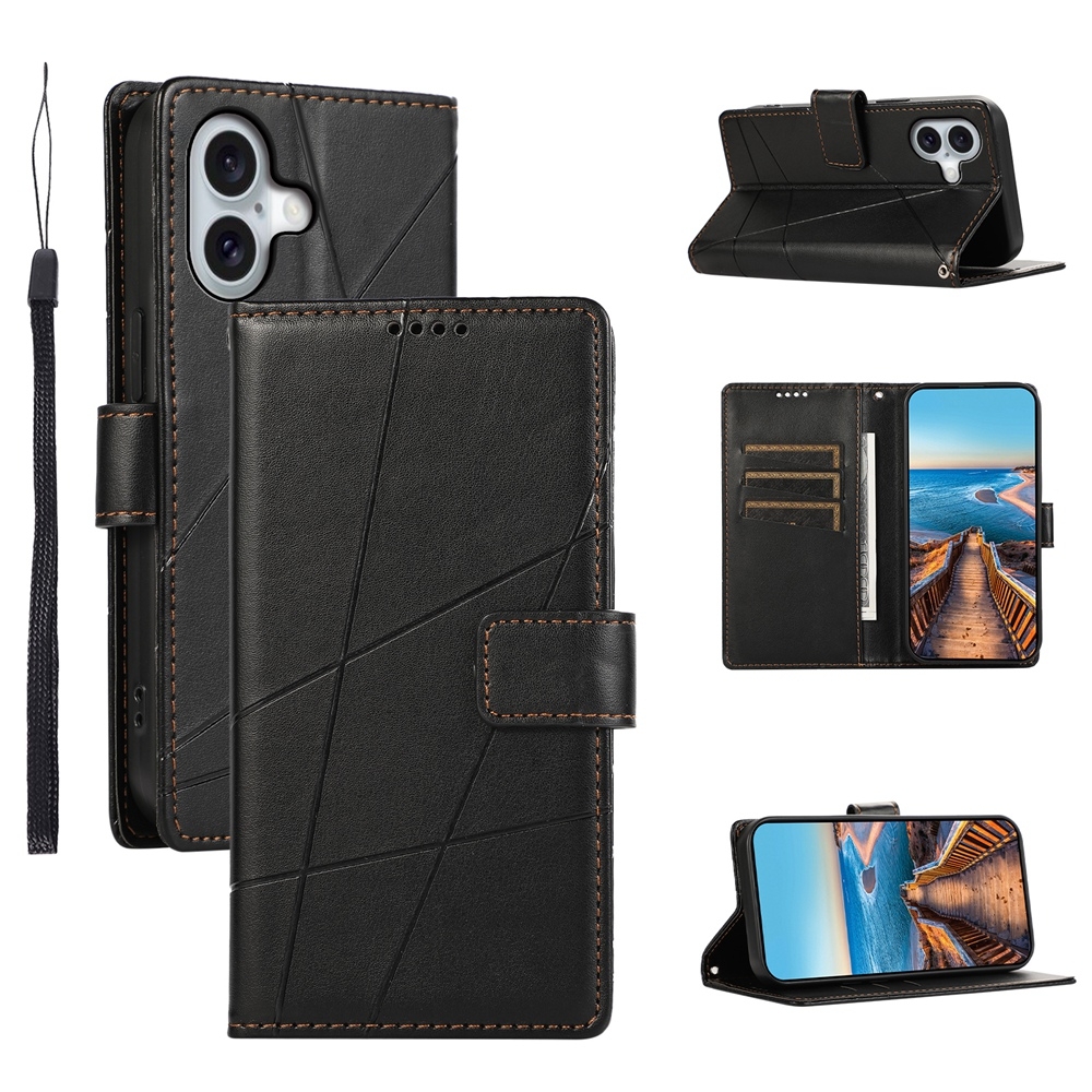 For iPhone 16 PU Genuine Leather Texture Embossed Line Phone Case(Black) For iPhone 16 PU Genuine Leather Texture Embossed Line Phone Case(Black)