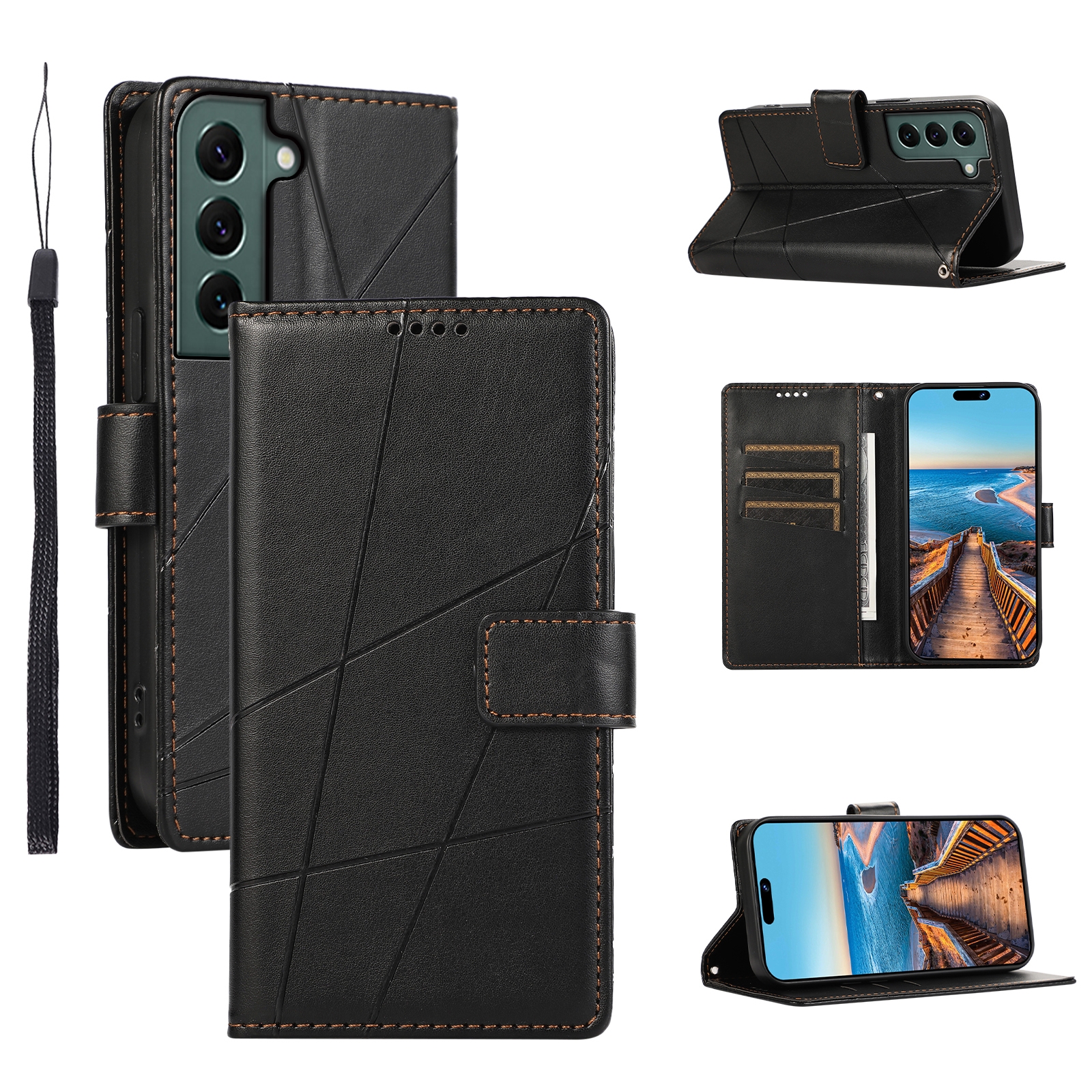 For Samsung Galaxy S22 5G PU Genuine Leather Texture Embossed Line Phone Case(Black) For Samsung Galaxy S22 5G PU Genuine Leather Texture Embossed Line Phone Case(Black)