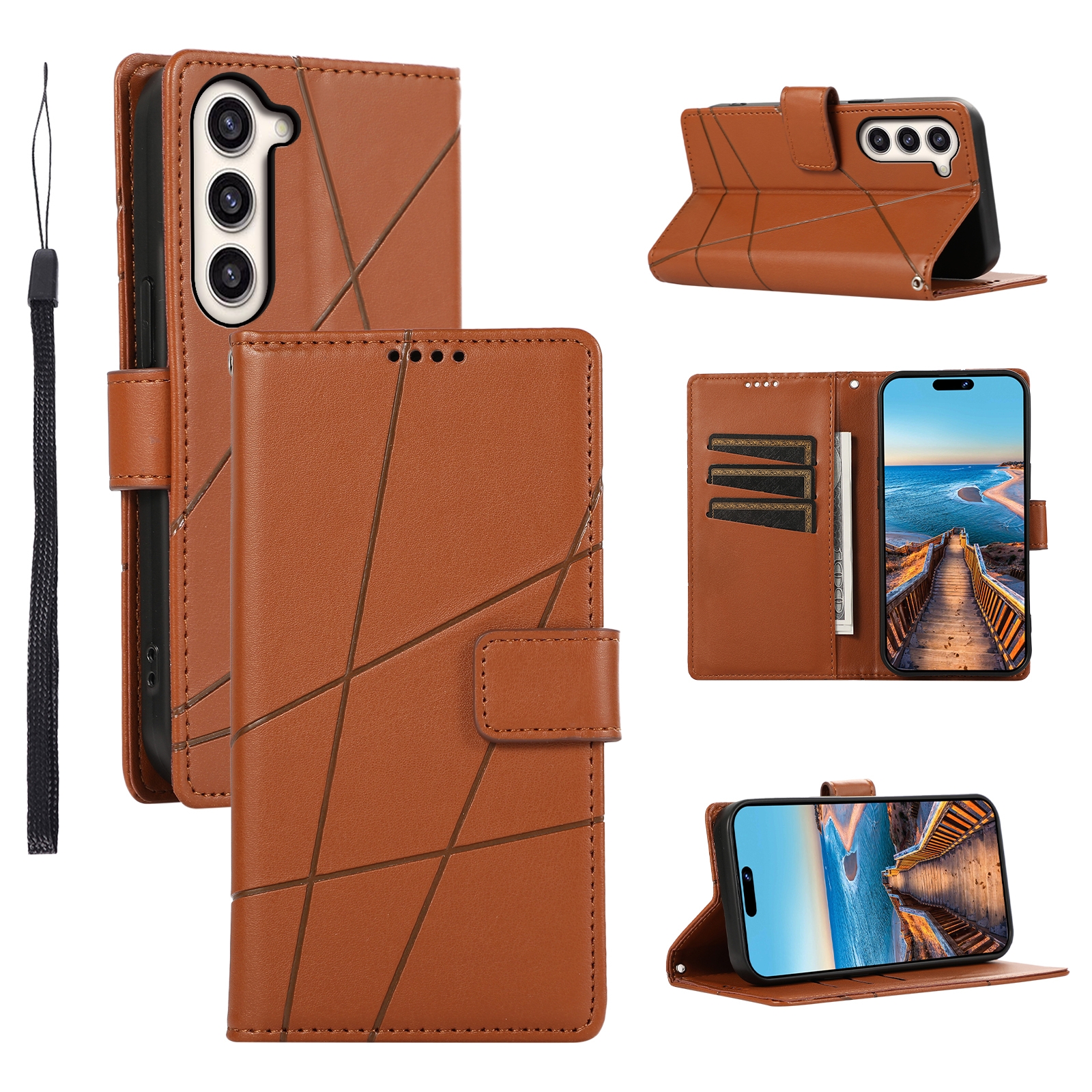 For Samsung Galaxy S23+ 5G PU Genuine Leather Texture Embossed Line Phone Case(Brown) For Samsung Galaxy S23+ 5G PU Genuine Leather Texture Embossed Line Phone Case(Brown)