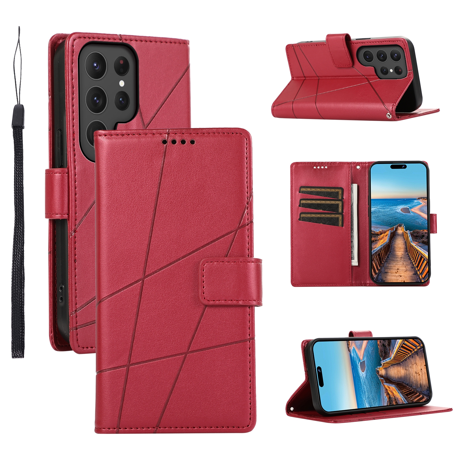 For Samsung Galaxy S23 Ultra 5G PU Genuine Leather Texture Embossed Line Phone Case(Red) For Samsung Galaxy S23 Ultra 5G PU Genuine Leather Texture Embossed Line Phone Case(Red)