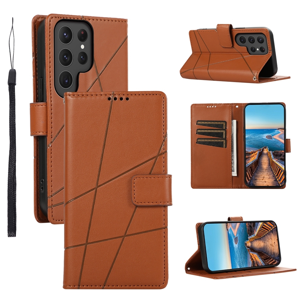 For Samsung Galaxy S24 Ultra 5G PU Genuine Leather Texture Embossed Line Phone Case(Brown) For Samsung Galaxy S24 Ultra 5G PU Genuine Leather Texture Embossed Line Phone Case(Brown)