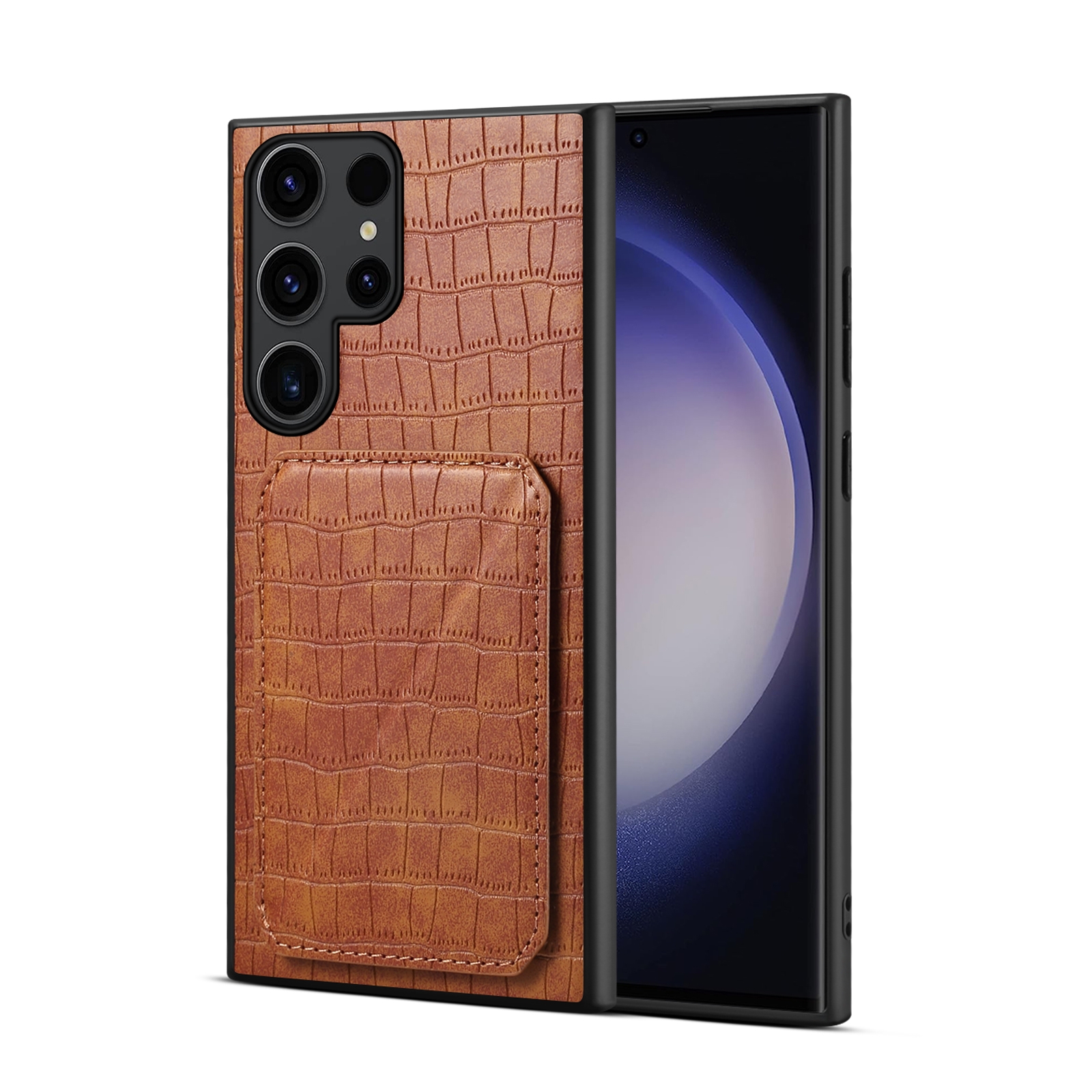 For Samsung Galaxy S23 Ultra 5G Denior Crocodile Texture Holder Electroplating Phone Case(Brown) For Samsung Galaxy S23 Ultra 5G Denior Crocodile Texture Holder Electroplating Phone Case(Brown)
