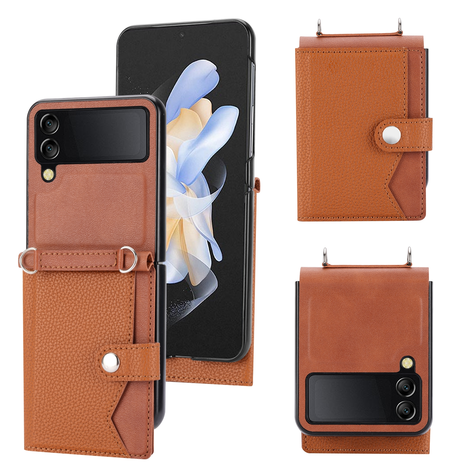 For Samsung Galaxy Z Flip4 5G Litchi Pattern Single Button Card Holder Phone Case with Long Lanyard(Brown) For Samsung Galaxy Z Flip4 5G Litchi Pattern Single Button Card Holder Phone Case with Long Lanyard(Brown)