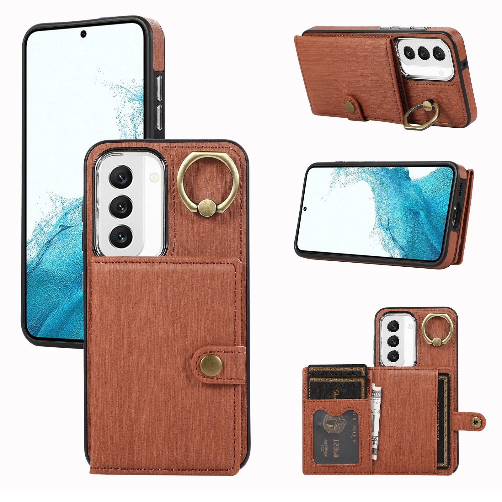 For Samsung Galaxy Galaxy S22 5G Brushed Texture Wallet Ring Holder Phone Case(Brown) For Samsung Galaxy Galaxy S22 5G Brushed Texture Wallet Ring Holder Phone Case(Brown)