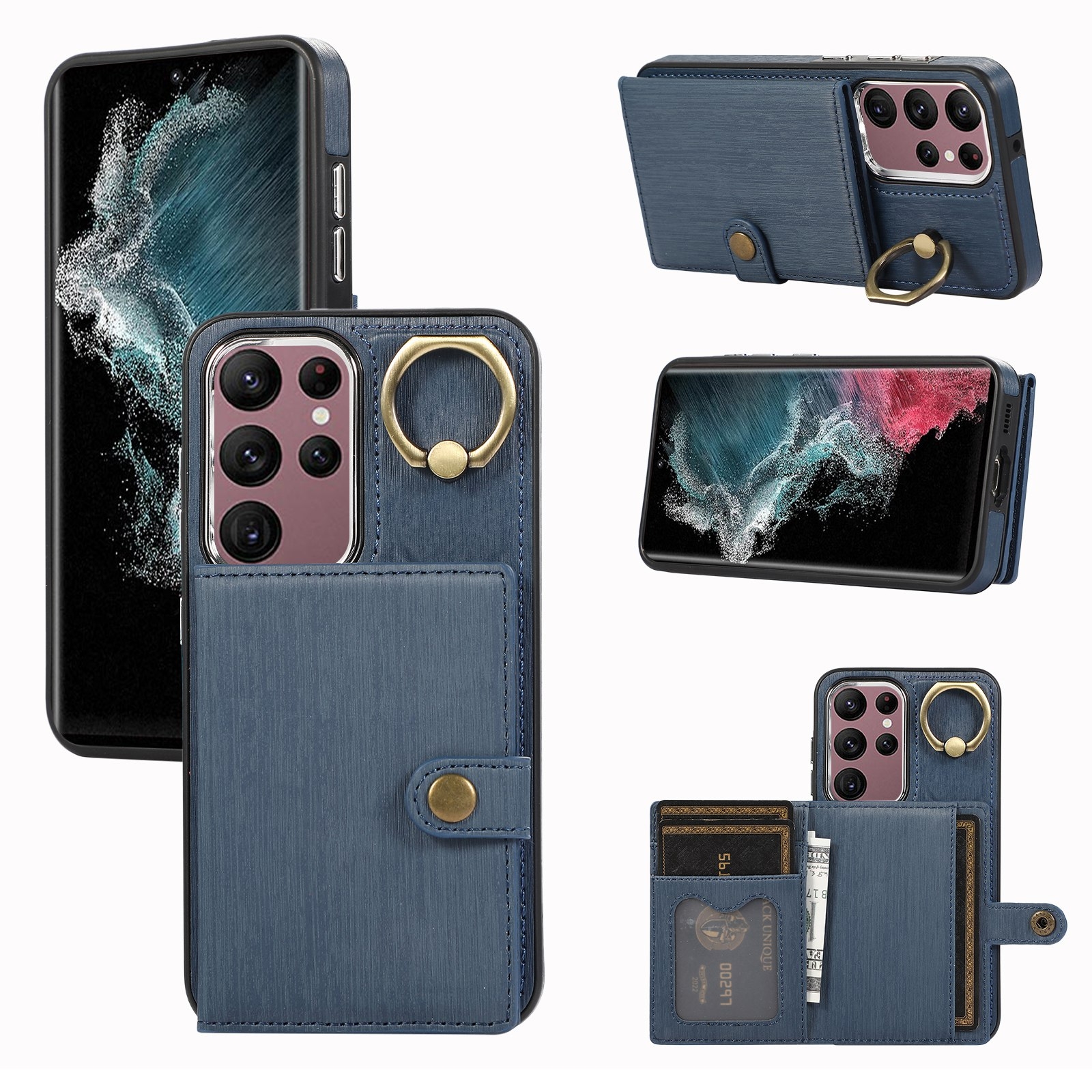 For Samsung Galaxy Galaxy S22 Ultra 5G Brushed Texture Wallet Ring Holder Phone Case(Blue) For Samsung Galaxy Galaxy S22 Ultra 5G Brushed Texture Wallet Ring Holder Phone Case(Blue)