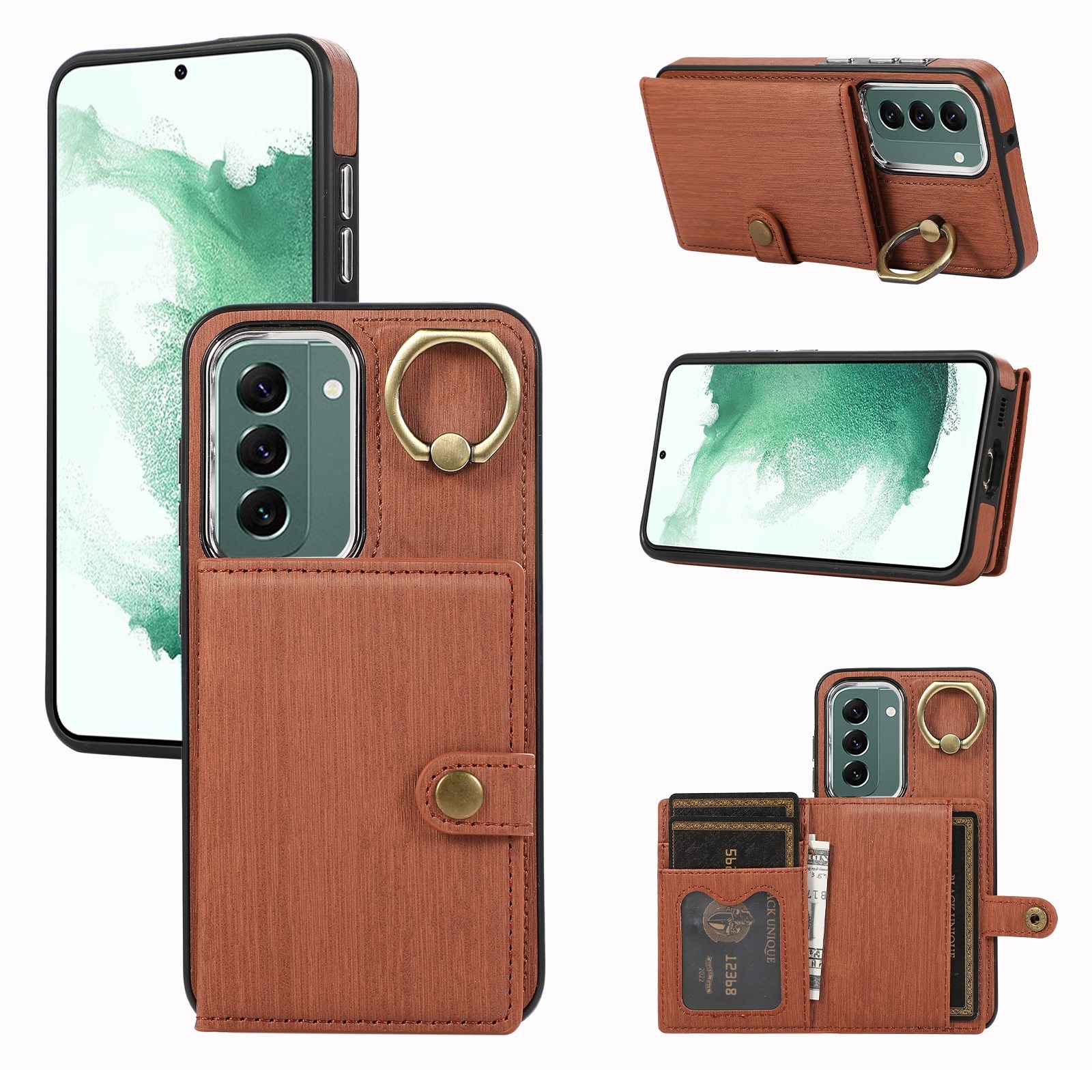 For Samsung Galaxy Galaxy S22+ 5G Brushed Texture Wallet Ring Holder Phone Case(Brown) For Samsung Galaxy Galaxy S22+ 5G Brushed Texture Wallet Ring Holder Phone Case(Brown)