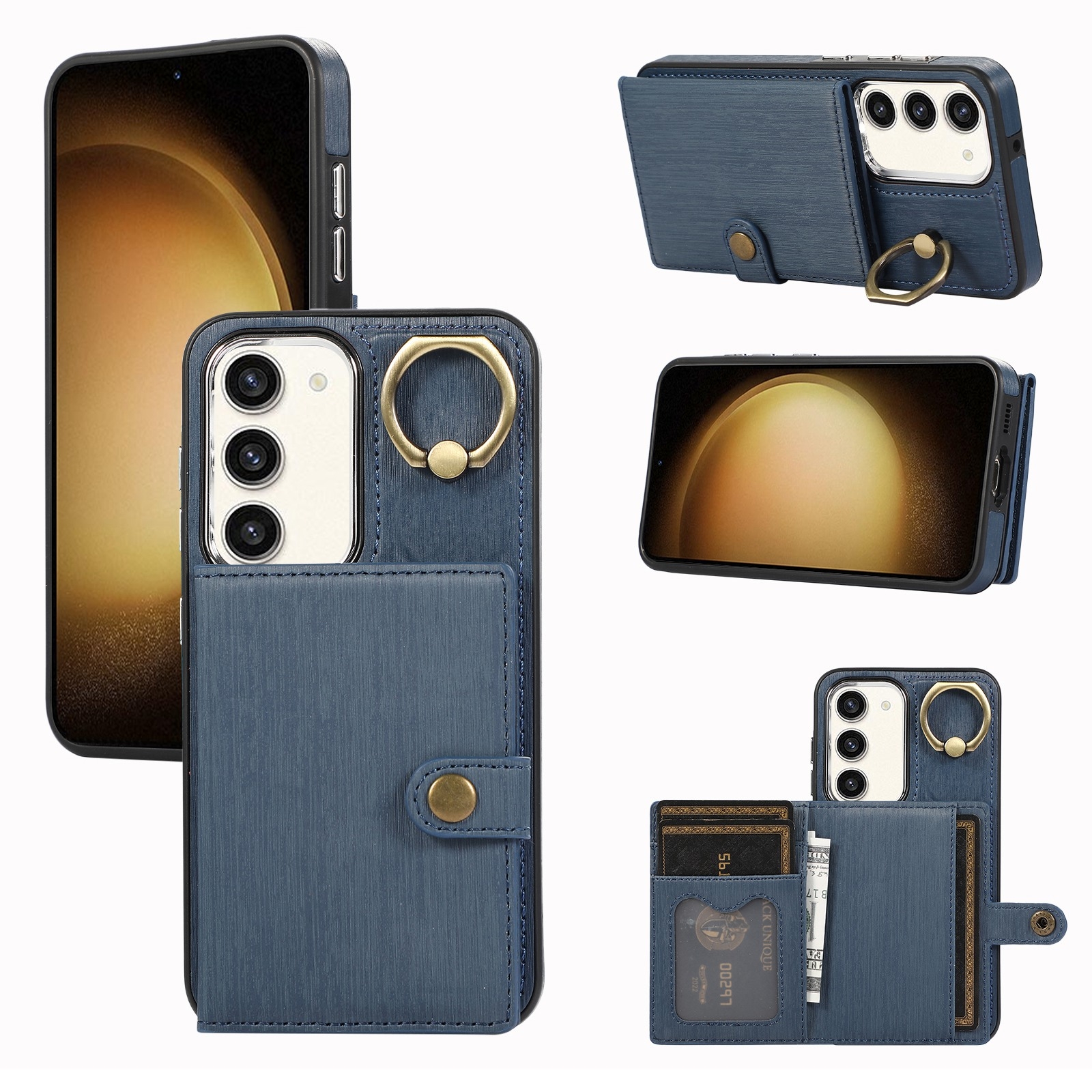 For Samsung Galaxy Galaxy S23+ 5G Brushed Texture Wallet Ring Holder Phone Case(Blue) For Samsung Galaxy Galaxy S23+ 5G Brushed Texture Wallet Ring Holder Phone Case(Blue)